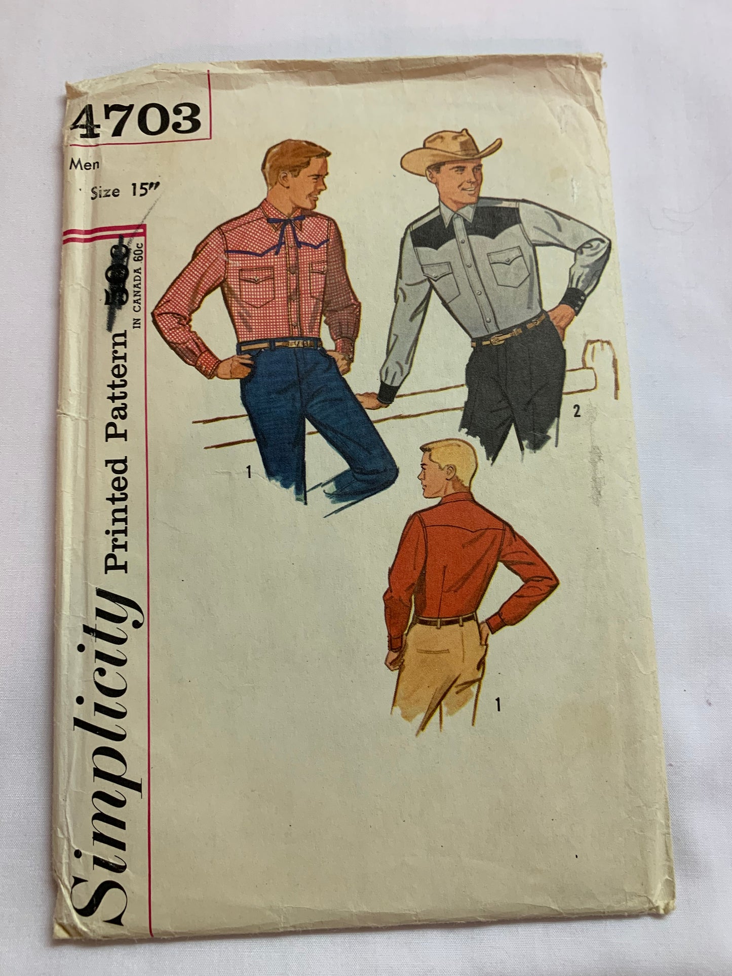 Simplicity Sewing Pattern 4703 Men's Western Shirts, Fitted, Long Sleeves, Pocket, Collar, Button/Snap Front, Cuffs, Size 15" Neck, Cut, Vintage 1950