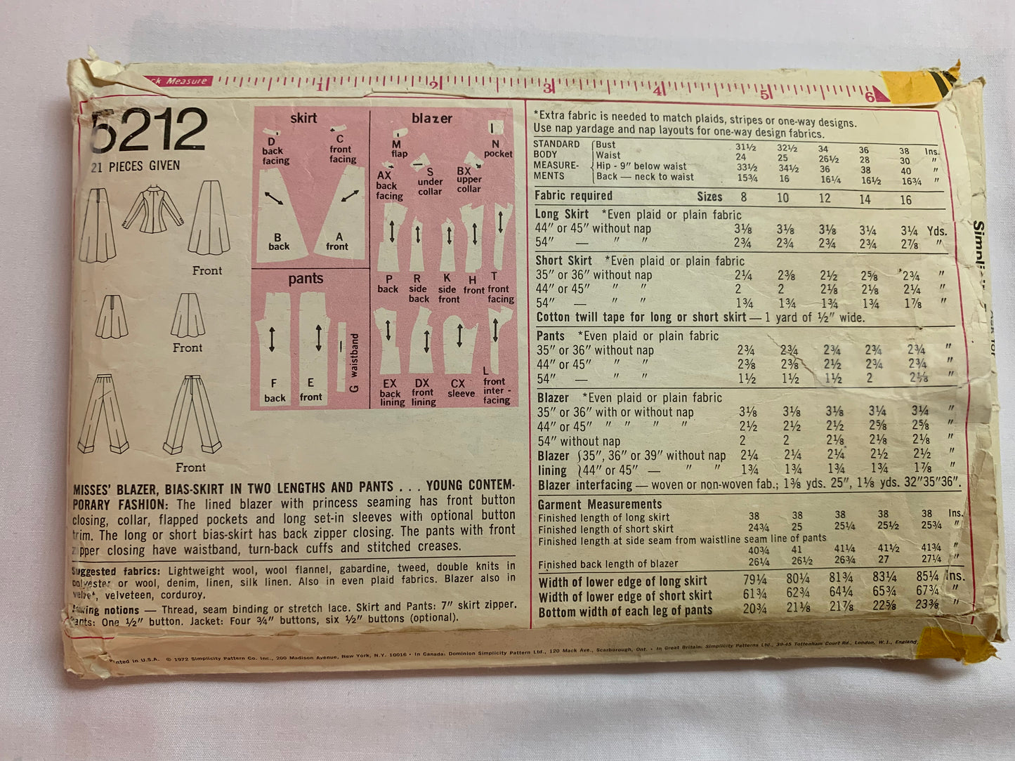 Simplicity Sewing Pattern 5212 Misses' Skirt, Pants, Jacket, Two Lengths, Princess Seams, Pockets, Zipper Closing, Size 12, Cut, Vintage 1972