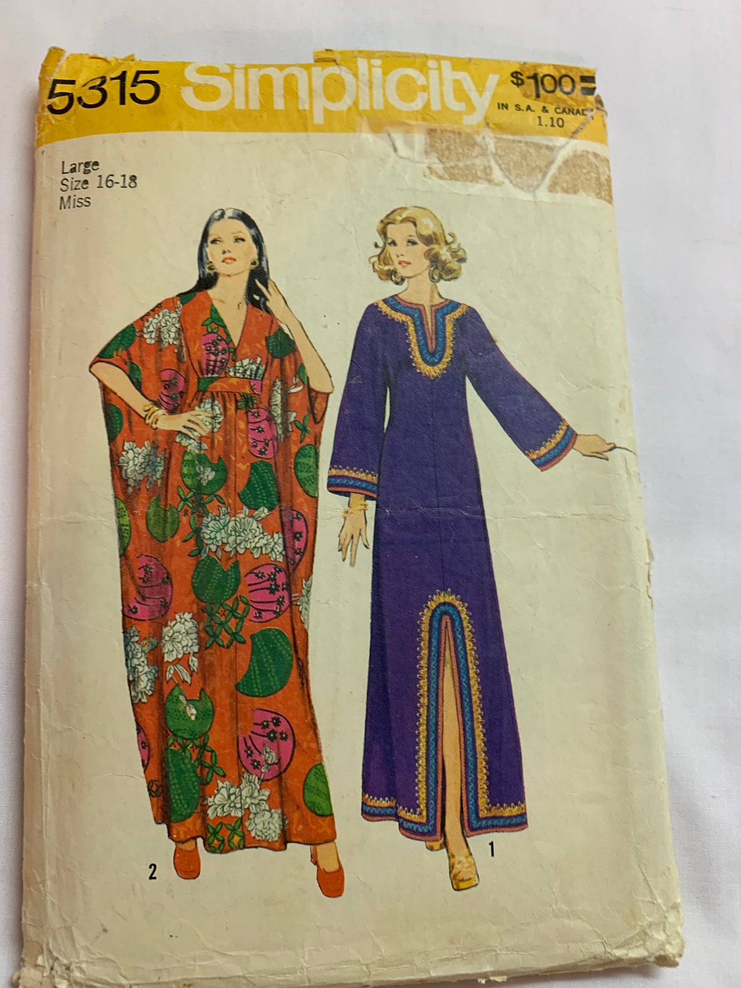 Simplicity Sewing Pattern 5315 Misses' Caftans, Zipper Back, Long Kimono Sleeves, Slit Opening, Ties, Round Neckline, Size 16-18, Cut, Vintage 1972