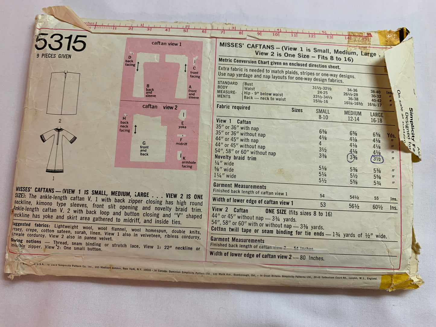 Simplicity Sewing Pattern 5315 Misses' Caftans, Zipper Back, Long Kimono Sleeves, Slit Opening, Ties, Round Neckline, Size 16-18, Cut, Vintage 1972