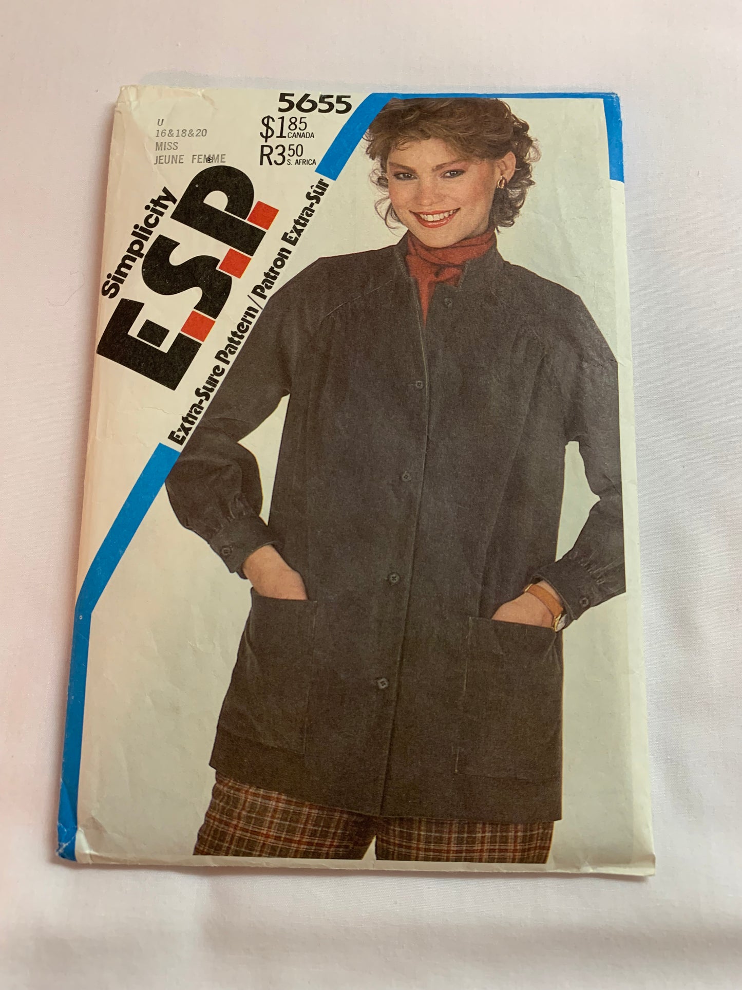 Simplicity Sewing Pattern 5655 Misses' Unlined Jacket, Raglan Long Sleeves, Pockets, Button Front, Loose-Fitting, Size 16-20, Cut, Vintage 1982
