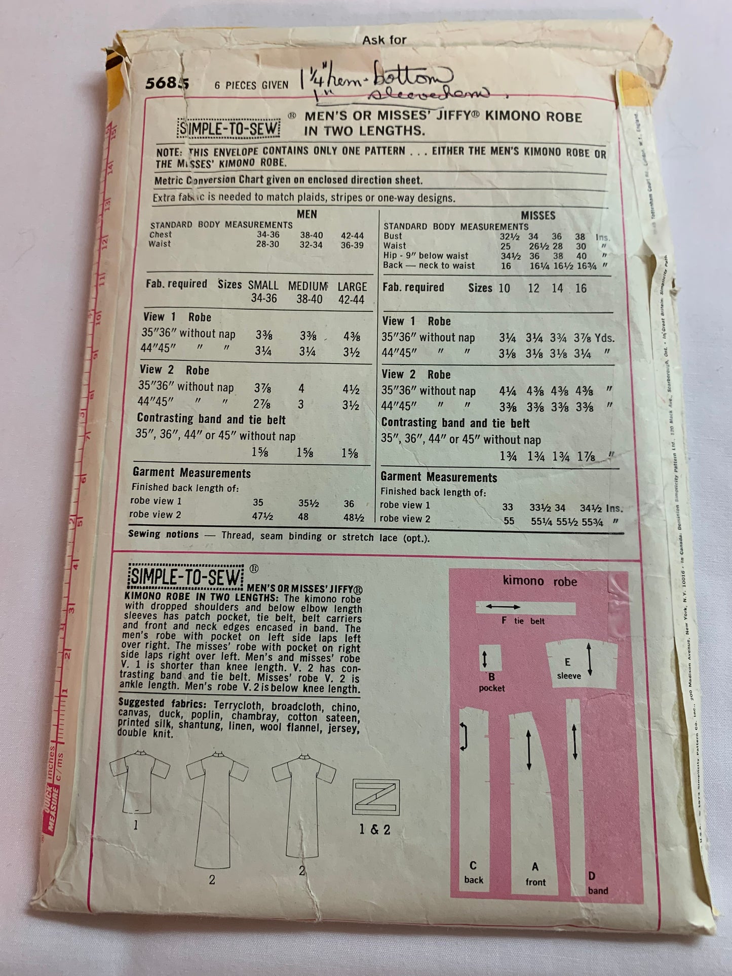 Simplicity Sewing Pattern 5685 Men's/Misses' Kimono Robe, Two Lengths, Pockets, Tie Belt, Wrap, Size 42-44, Cut, Vintage 1973