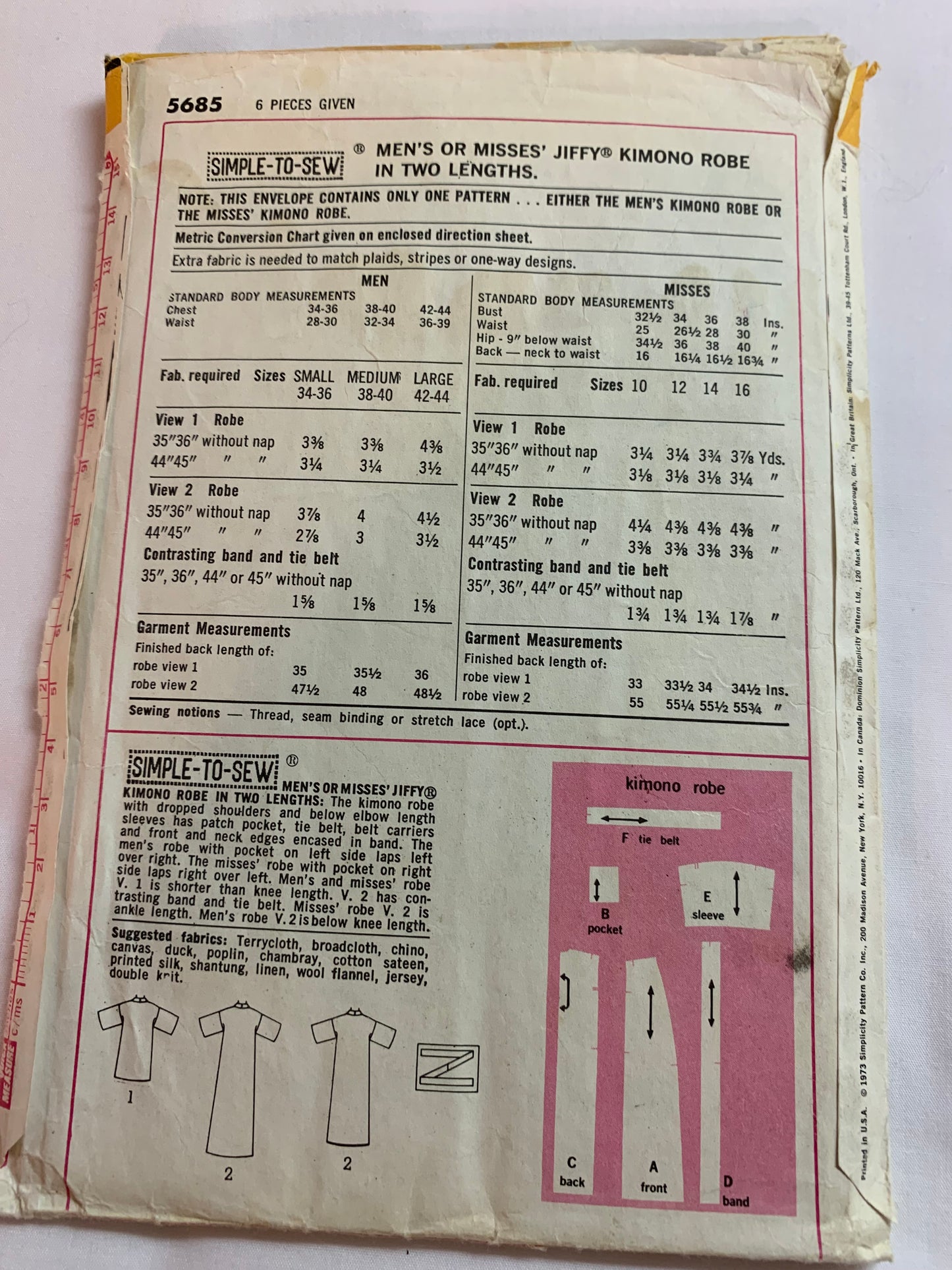Simplicity Sewing Pattern 5685 Men's/Misses' Kimono Robe, Two Lengths, Pockets, Tie Belt, Wrap, Size 38-40, Cut, Vintage 1973