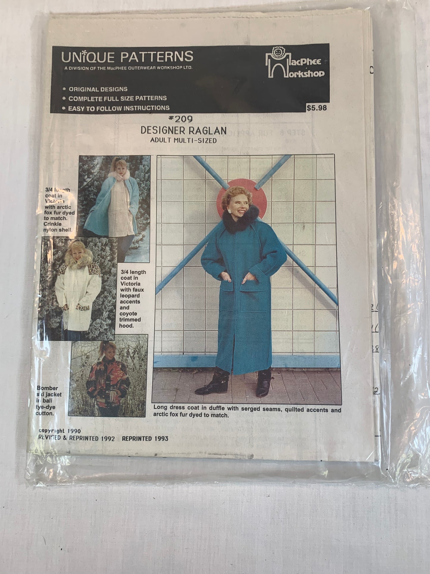 Unique Patterns Designer Raglan Jacket, Coat, Bomber Ski Jacket, Size 32-48, Winter, MacPhee Workshop, Pockets, Hood, Collar, Zipper Front, Parka, Cuffs, 1993