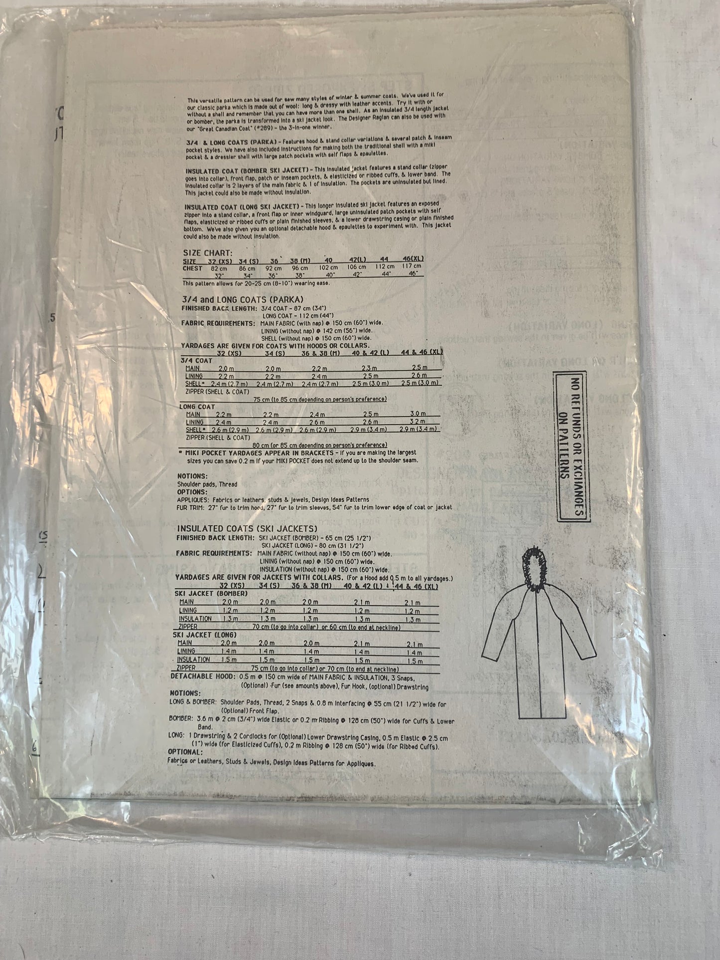 Unique Patterns Designer Raglan Jacket, Coat, Bomber Ski Jacket, Size 32-48, Winter, MacPhee Workshop, Pockets, Hood, Collar, Zipper Front, Parka, Cuffs, 1993