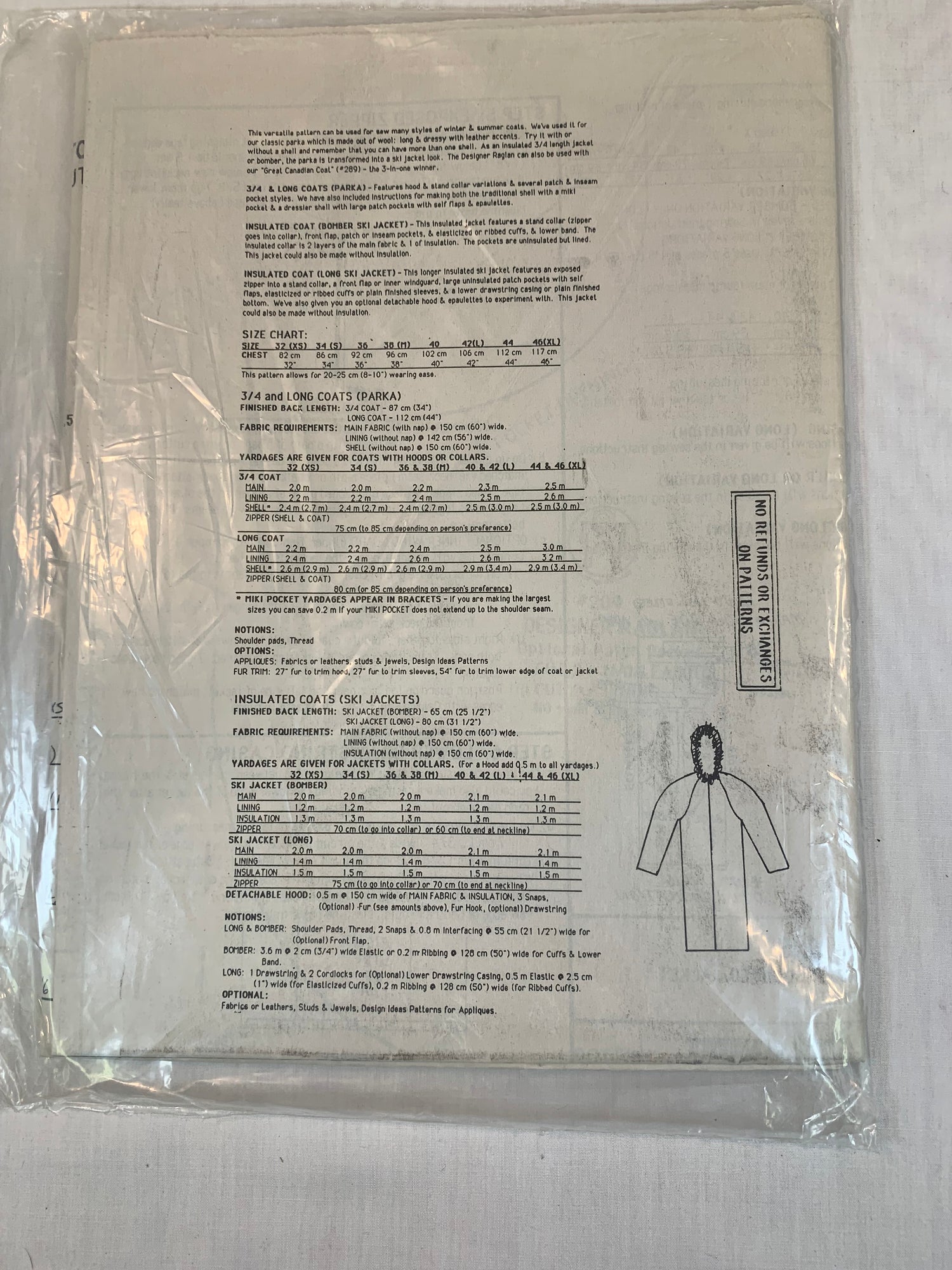 Unique Patterns Designer Raglan Jacket, Coat, Bomber Ski Jacket, Size 32-48, Winter, MacPhee Workshop, Pockets, Hood, Collar, Zipper Front, Parka, Cuffs, 1993