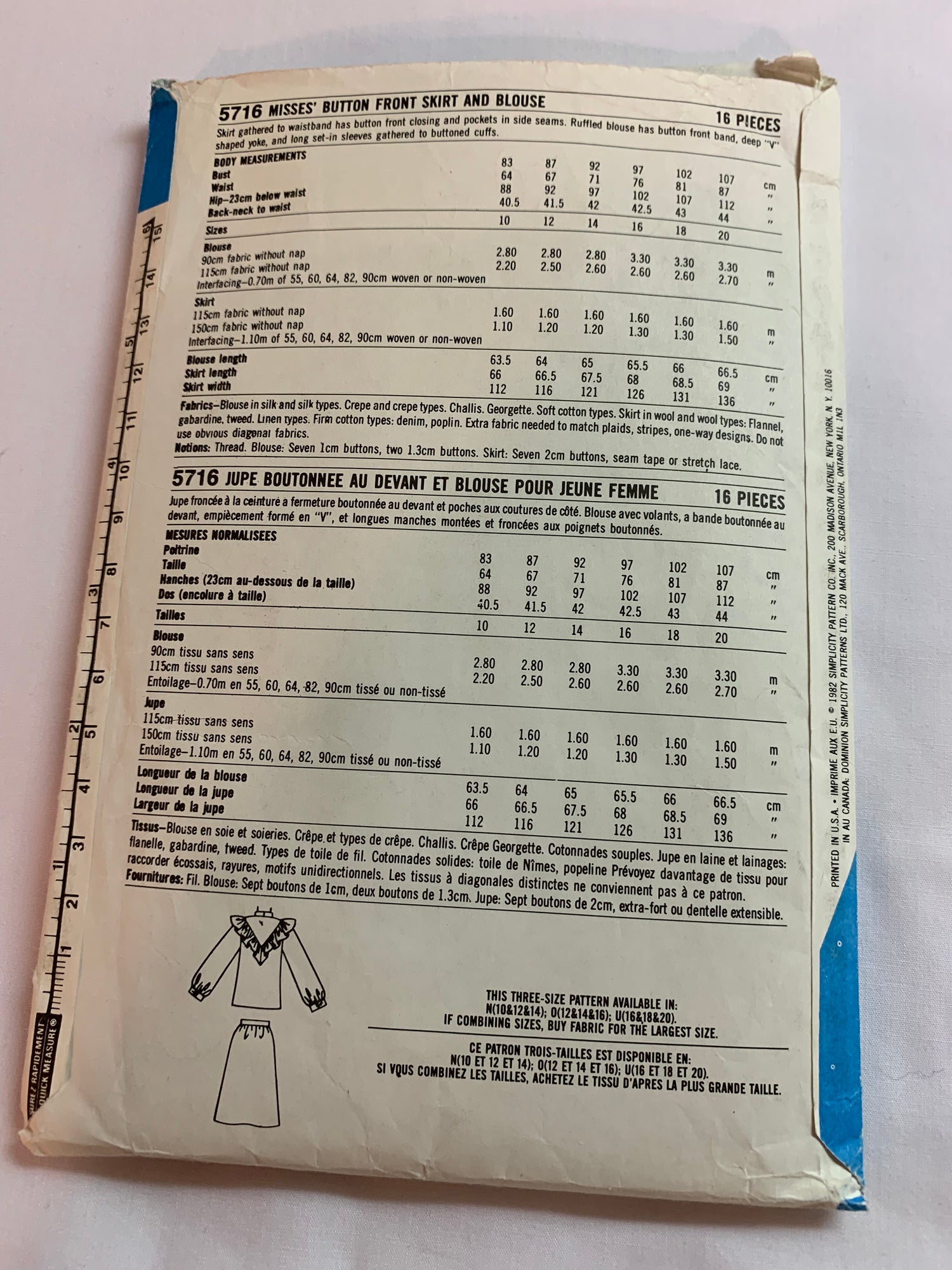 Simplicity Sewing Pattern 5716 Misses' Blouse, Skirt, Top, Long Sleeves, Button Front, Pockets, Size 16-20, Cut, Vintage 1982