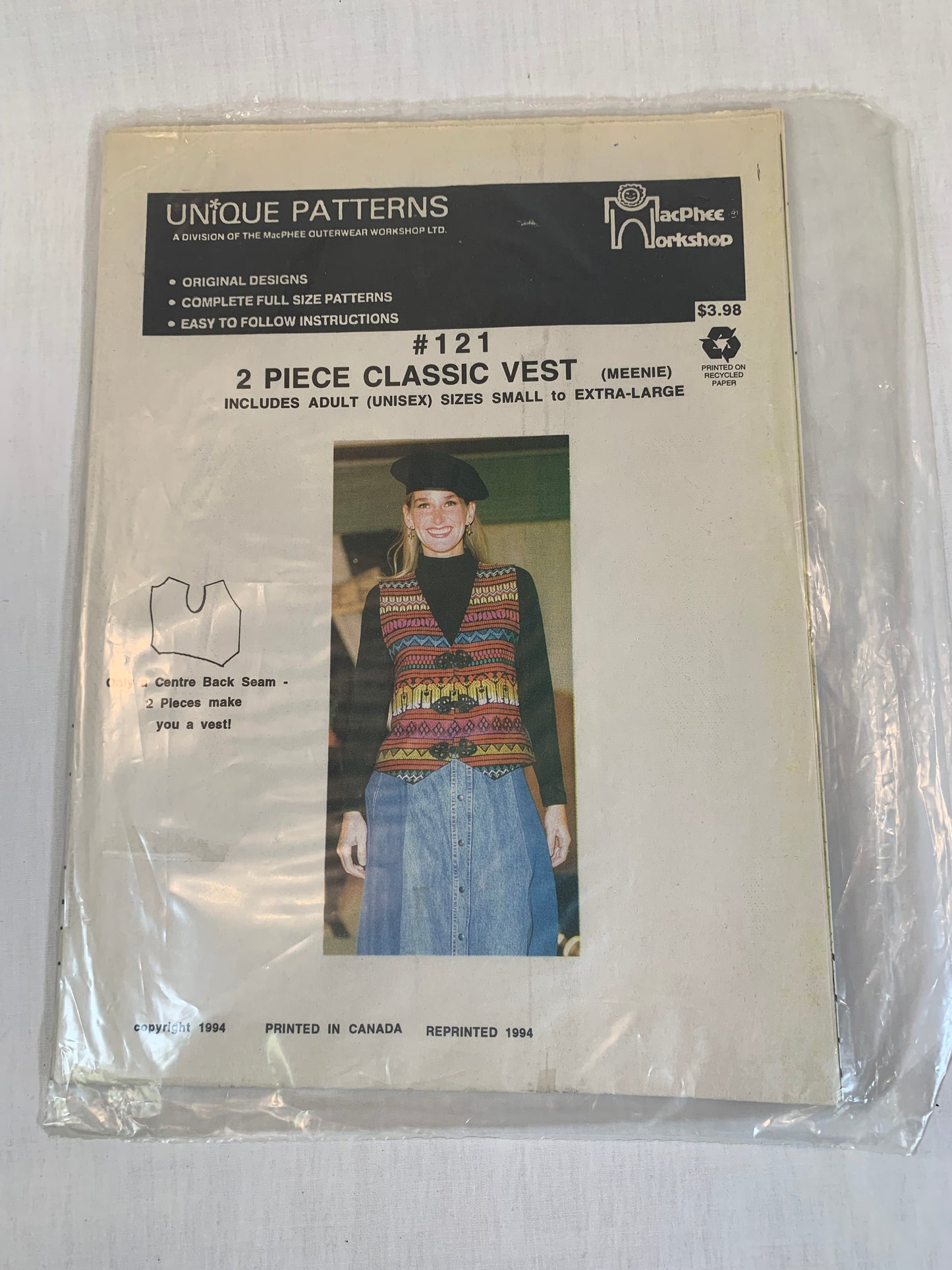 Unique Patterns MacPhee Workshop, Two Piece Classic Vest, Unisex, Size S-XL, 1994