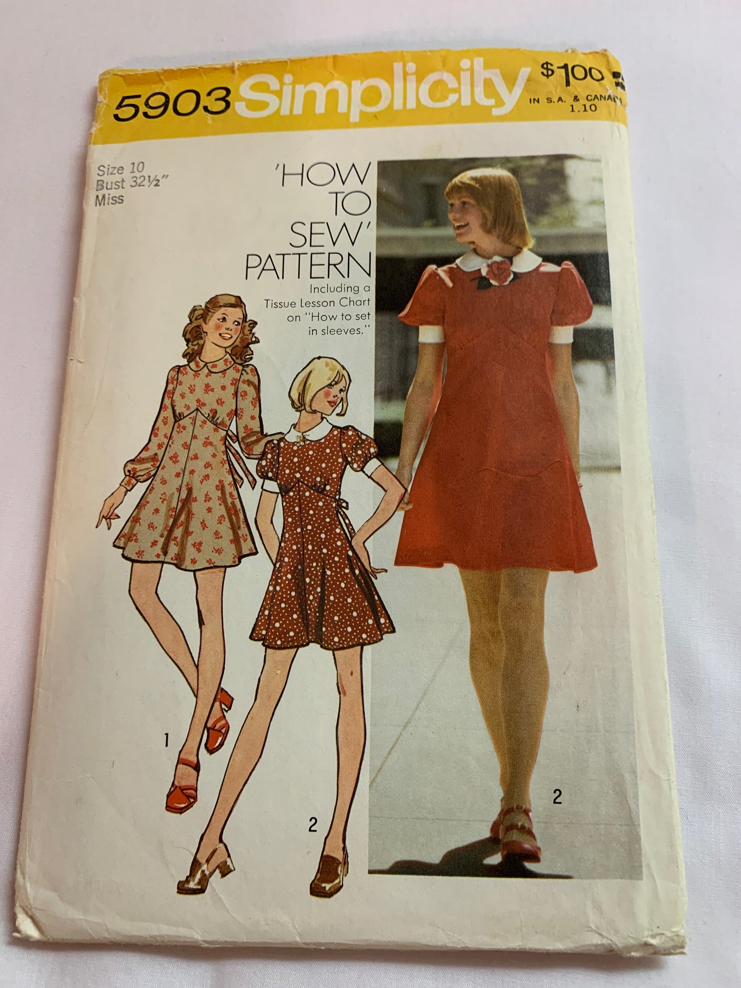 Simplicity Sewing Pattern 5903 Misses' Dresses, Mini Dress, Two Lengths, Long/Short Sleeves, Zipper Back, Empire Waist, Size 10, Cut, Vintage 1973