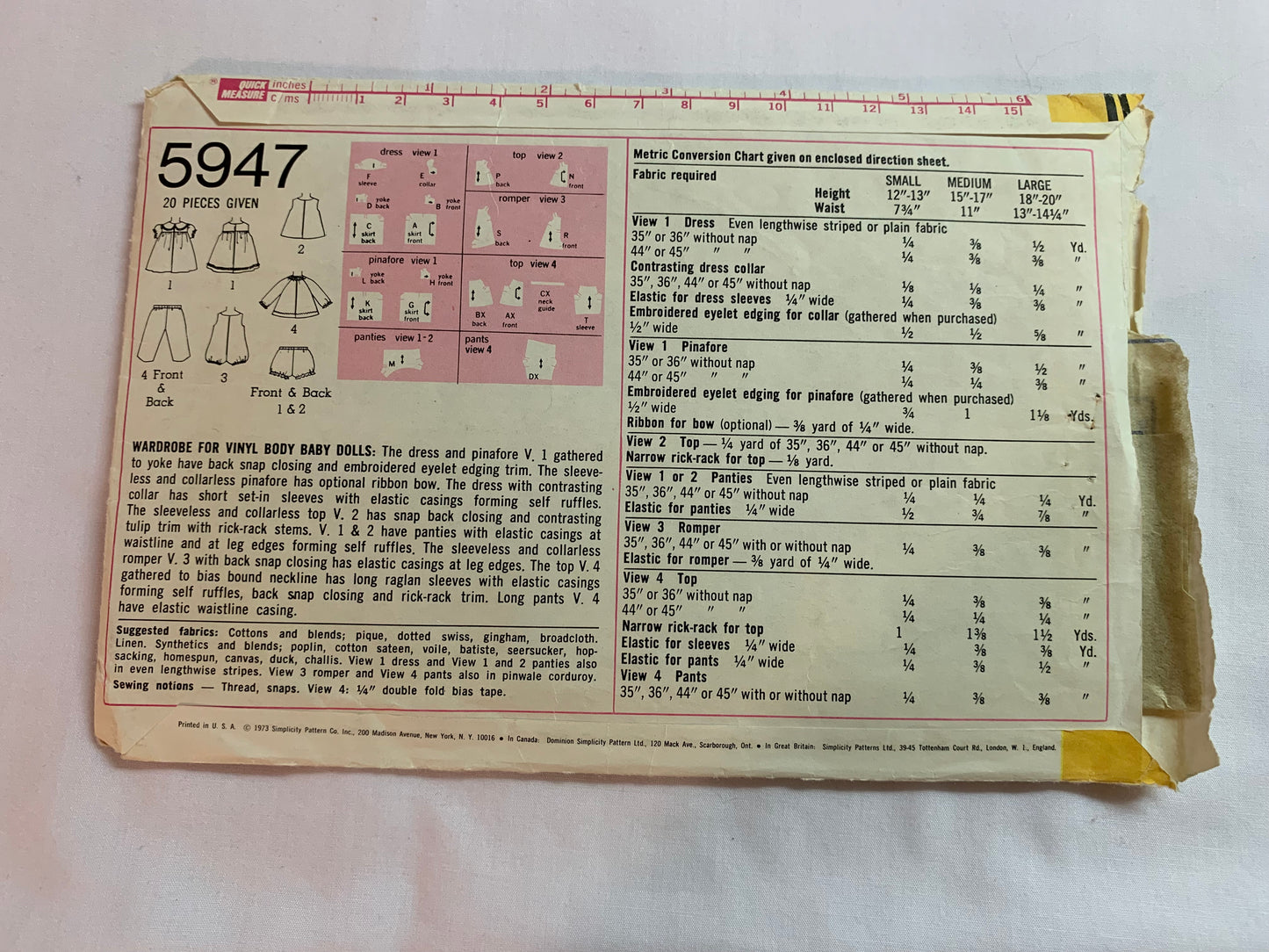 Simplicity Sewing Pattern 5947 12"-13" Doll Clothes, Wardrobe, Dress, Pinafore, Pants, Romper, Top, Panties, Cut, Vintage 1973