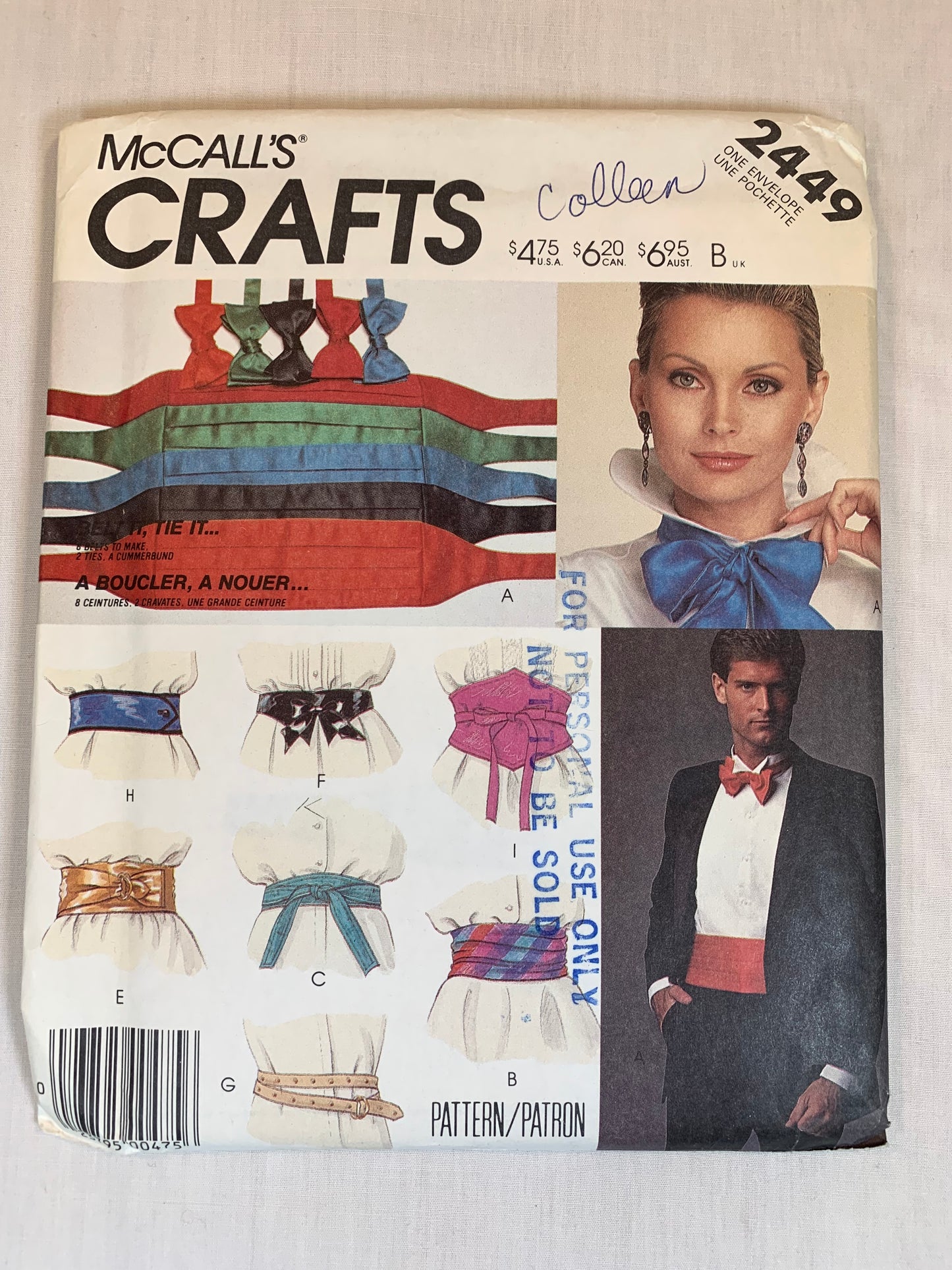 McCall's 2449,Belt & Bow Tie Package, Cummerbund, Uncut, Vintage 1986