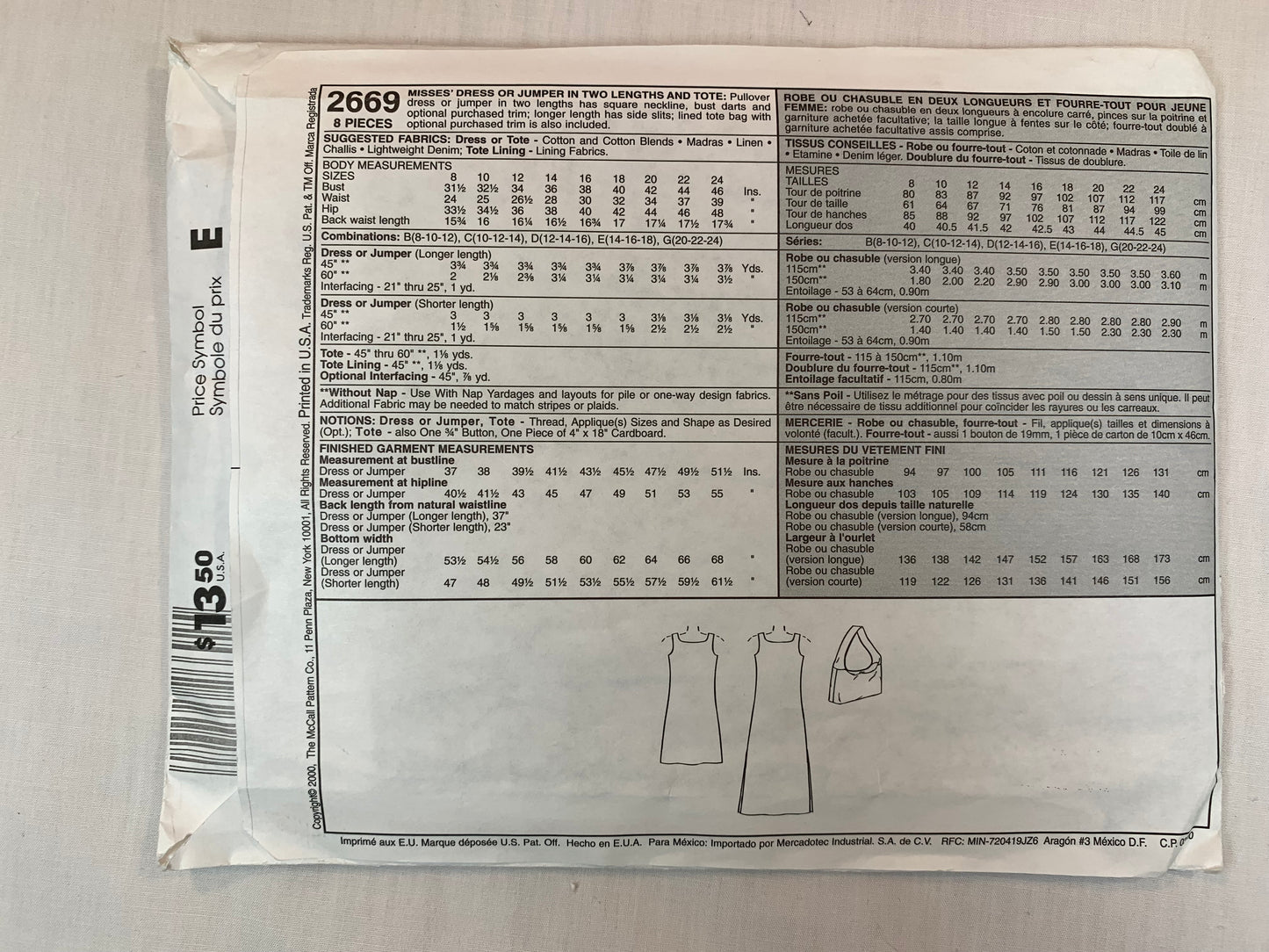 McCall's 2669 Misses' Jumper, Tote, Dress, Size 10-14, Uncut, 2000