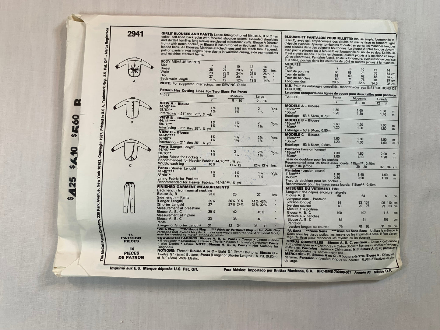 McCall's 2941 Girls' Blouse, Pants, Size 12-14, Uncut, Vintage 1987