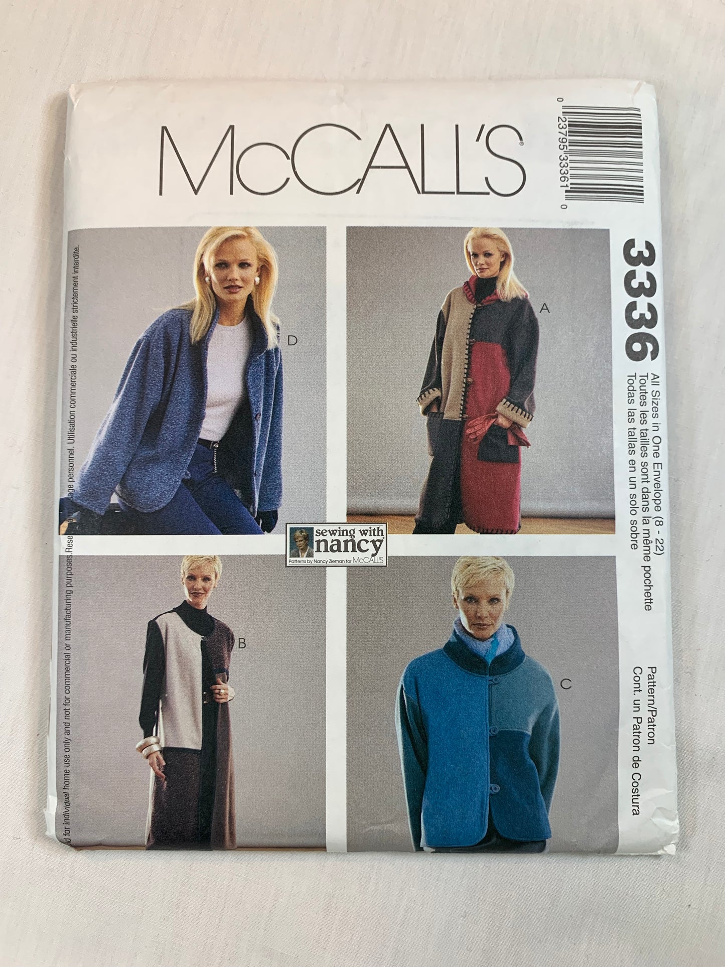 McCall's 3336 Misses'/Miss Petite Unlined Jacket, Coat, Vest, Size 8-22, Uncut, 2001