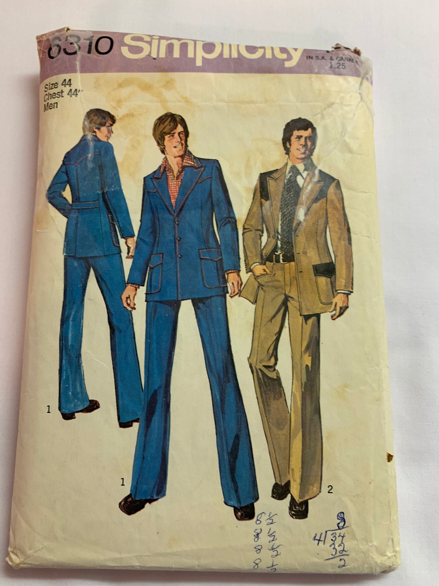 Simplicity Sewing Pattern 6310 Men's Suit, Pants, Jacket, Fly Zipper, Pockets, Breast Pocket, Pleats, Long Sleeves, Button Front, Collar, Size 44, Cut, Vintage 1974