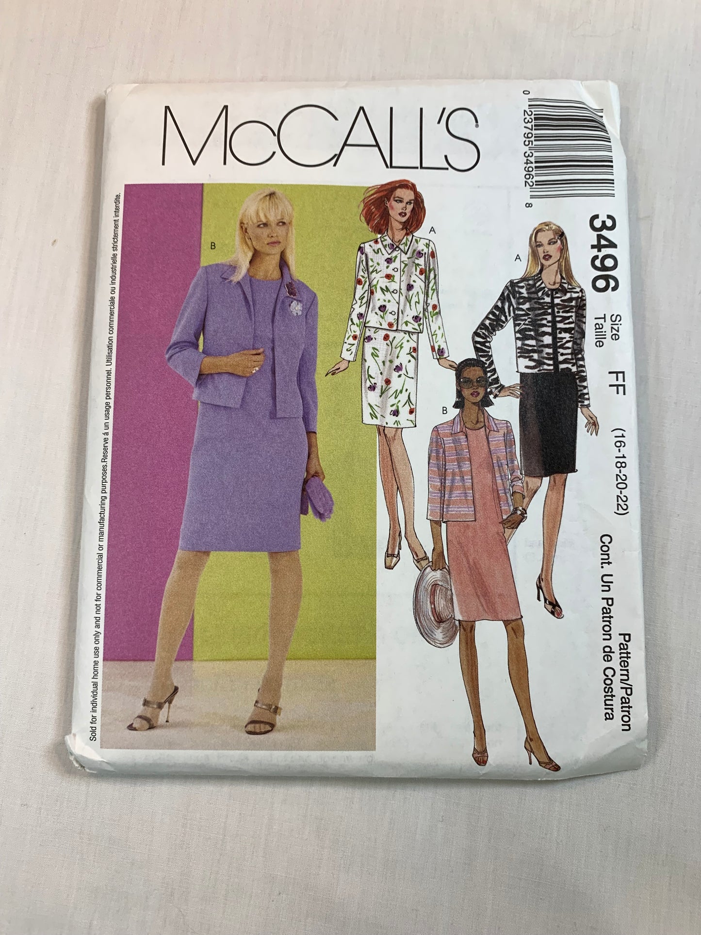 McCall's 3496 Misses'/Miss Petite Lined Dress, Jacket, Size 16-22, Uncut, 2002