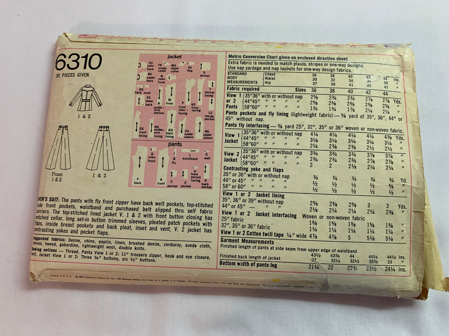 Simplicity Sewing Pattern 6310 Men's Suit, Pants, Jacket, Fly Zipper, Pockets, Breast Pocket, Pleats, Long Sleeves, Button Front, Collar, Size 44, Cut, Vintage 1974
