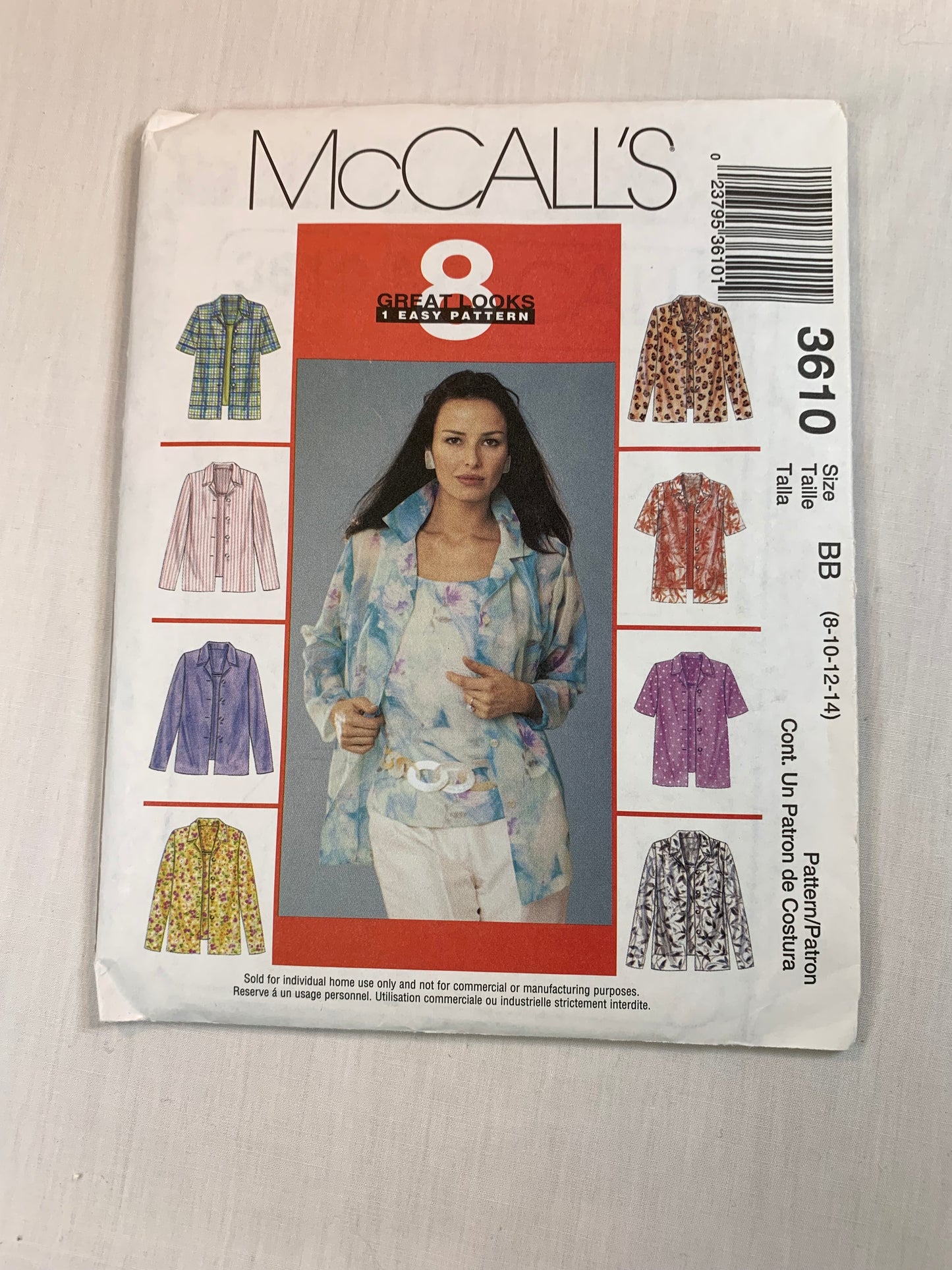 McCall's 3610 Misses' Shirts, Top, Size 8-14, Uncut, 2002