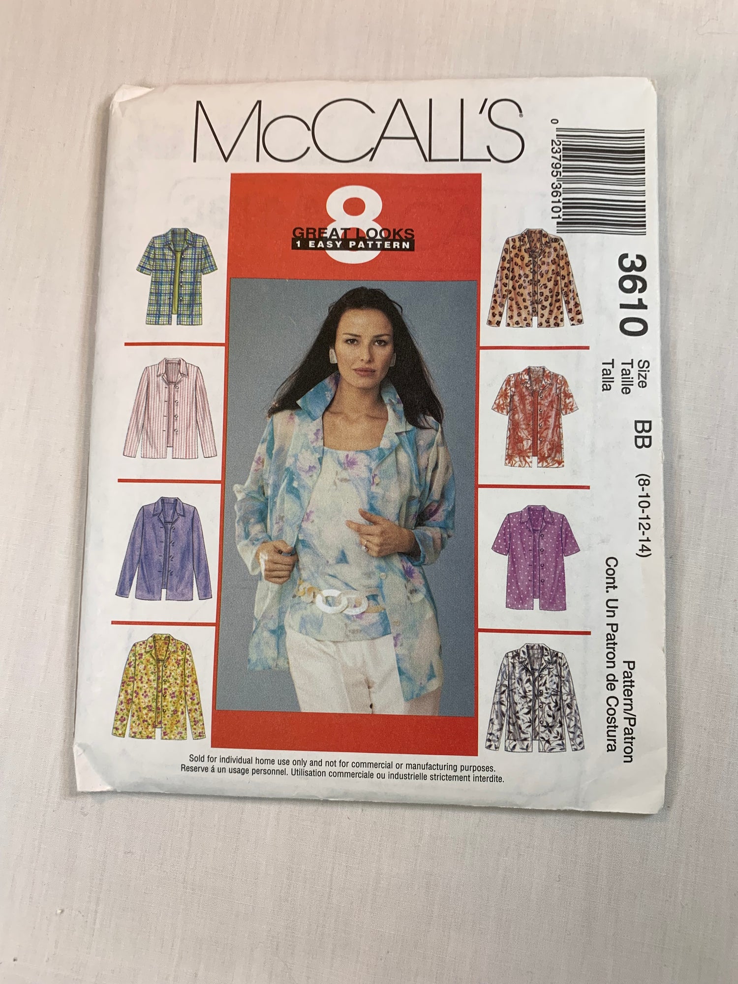 McCall's 3610 Misses' Shirts, Top, Size 8-14, Uncut, 2002