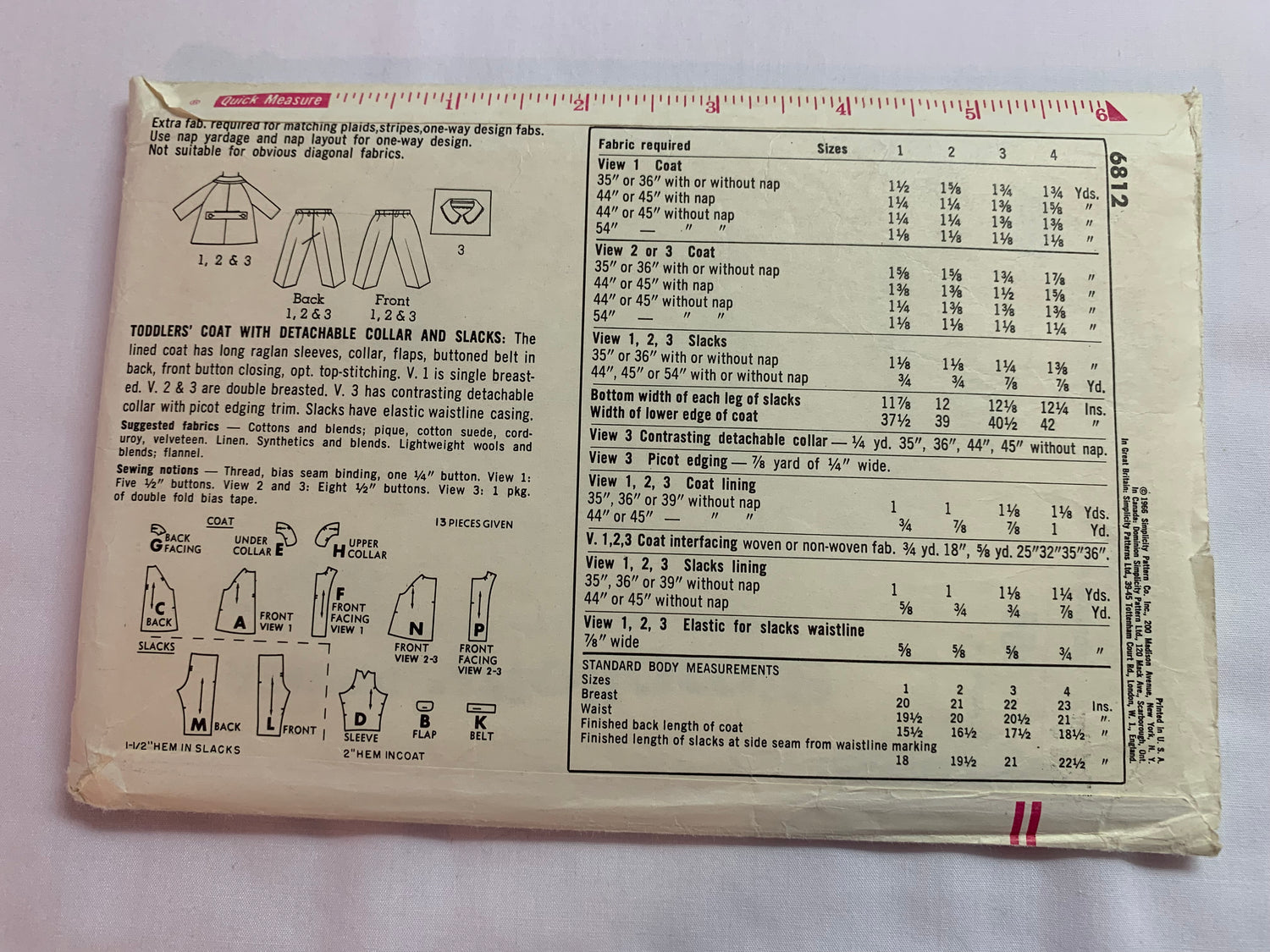 Simplicity Sewing Pattern 6812, Toddlers' Jacket, Coat, Detachable Collar, Pants, Lined, Long Raglan Sleeves, Button Front, Elastic Waist, Size 4, Cut, Vintage 1966