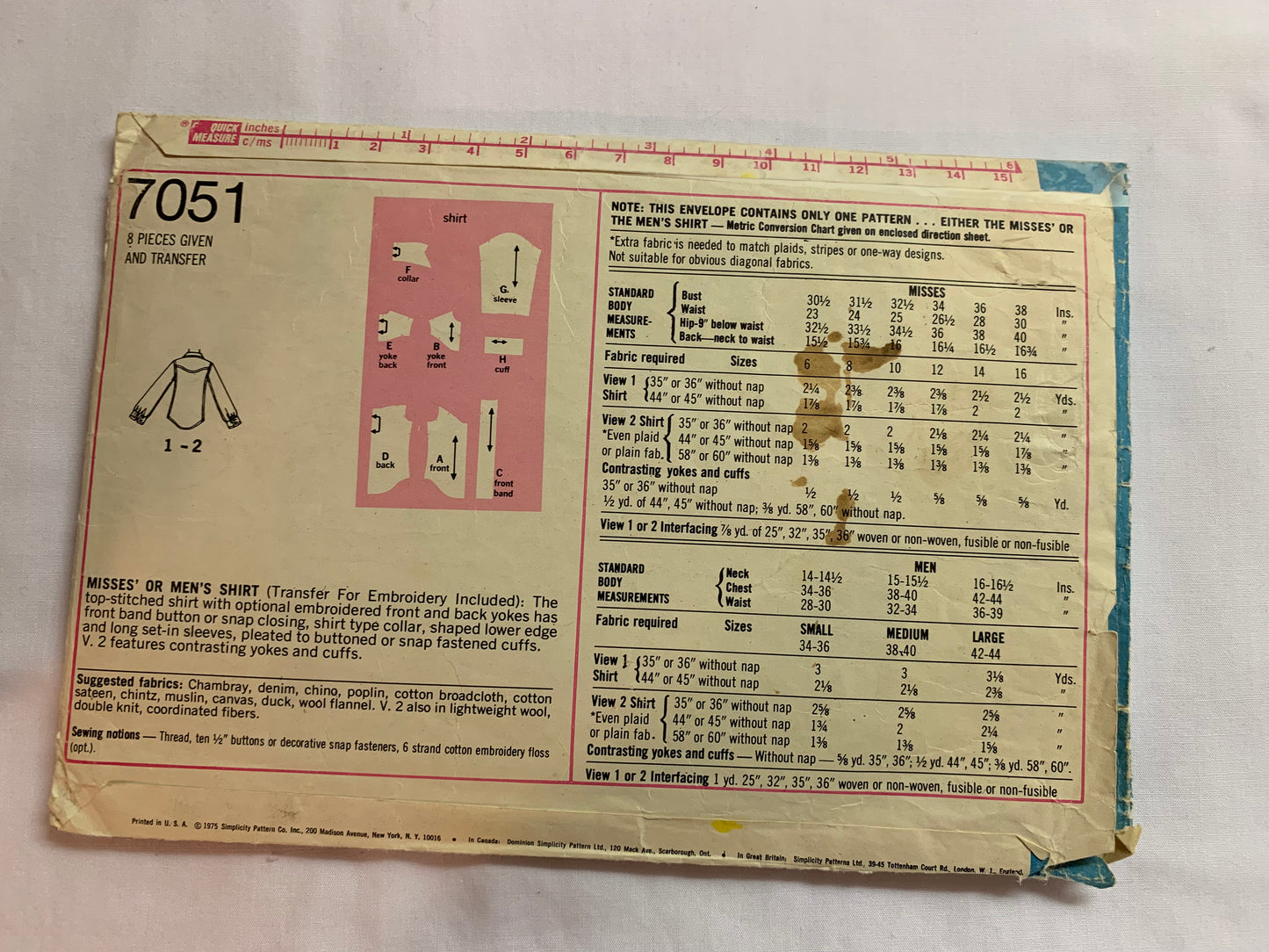 Simplicity Sewing Pattern 7051 Misses'/Men's, Western Shirt, Button/Snap Front, Cuffs, Size 38-40, Cut, Vintage 1972