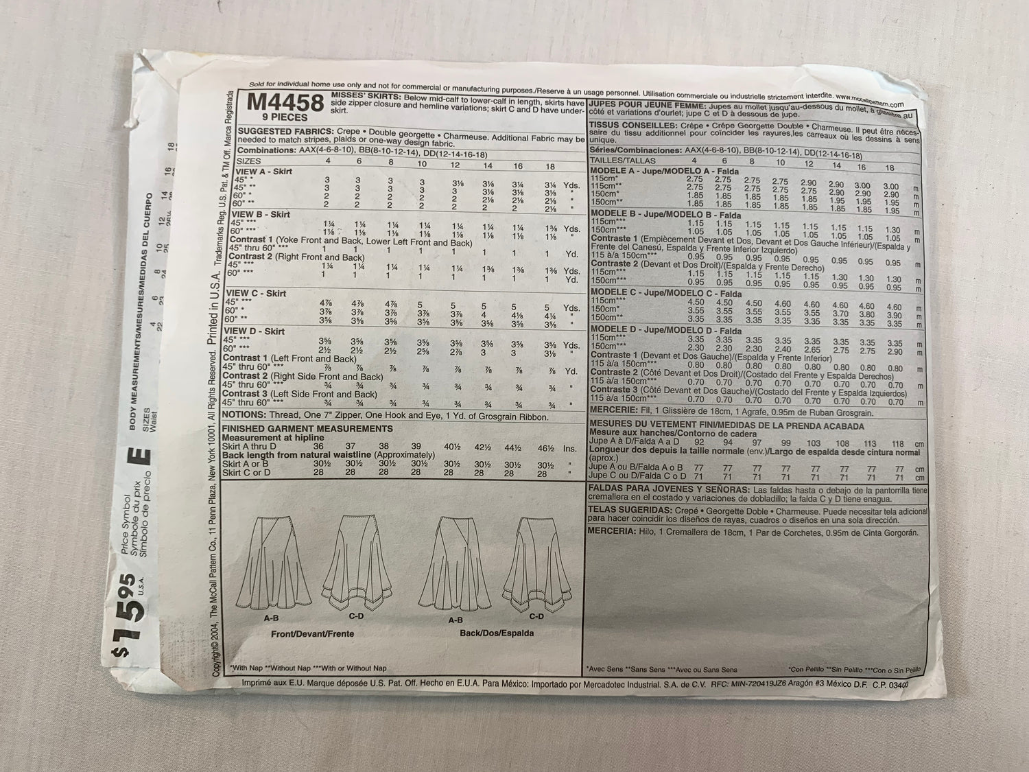 McCall's M4458 Misses' Skirts, Size 8-14, Uncut, 2004