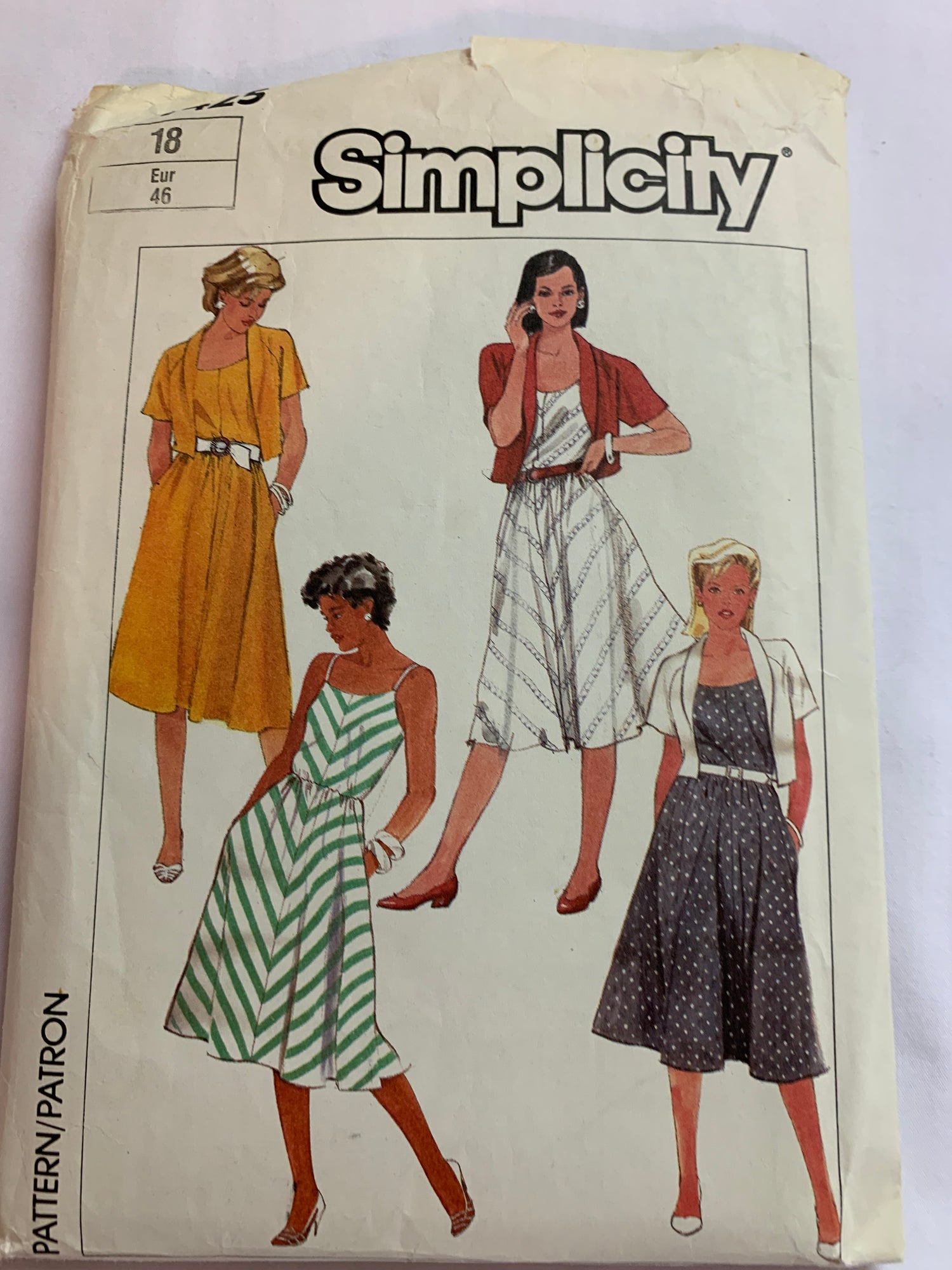 Simplicity Sewing Pattern 7425 Misses'/Miss Petite, Dress, Jacket, Sundress, Loose-Fitting,, Zipper Back, Pockets, Size 18, Cut, Vintage 1986