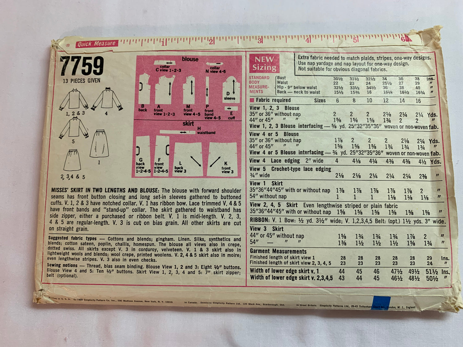 Simplicity Sewing Pattern 7759 Misses' Skirt, Two Lengths, Blouse, Long Sleeves, Button Front, Collar, Size 12, Cut, Vintage 1968