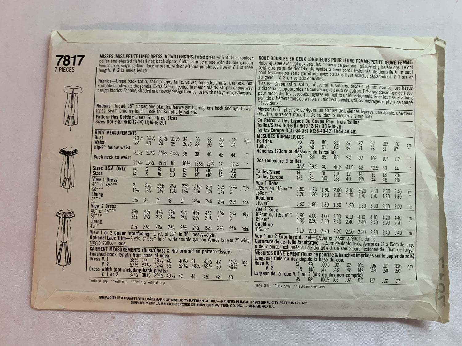 Simplicity Sewing Pattern Jessica McClintock 7817 Misses'/Misses' Petite Lined Dress, Two Lengths, Fitted, Shoulder Collar, Zipper Back, Size 4-6, Cut, Vintage 1992