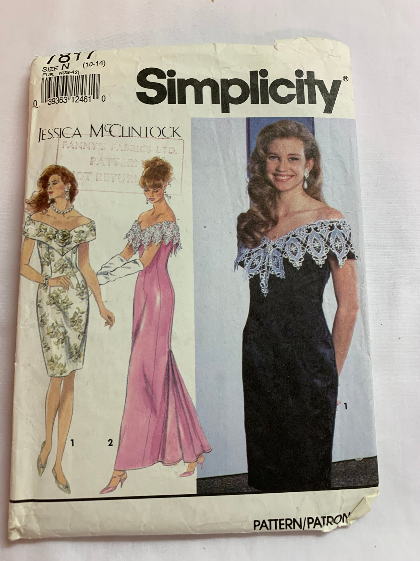 Simplicity Sewing Pattern Jessica McClintock 7817 Misses'/Misses' Petite Lined Dress, Two Lengths, Fitted, Shoulder Collar, Zipper Back, Size 10-14, Cut, Vintage 1992