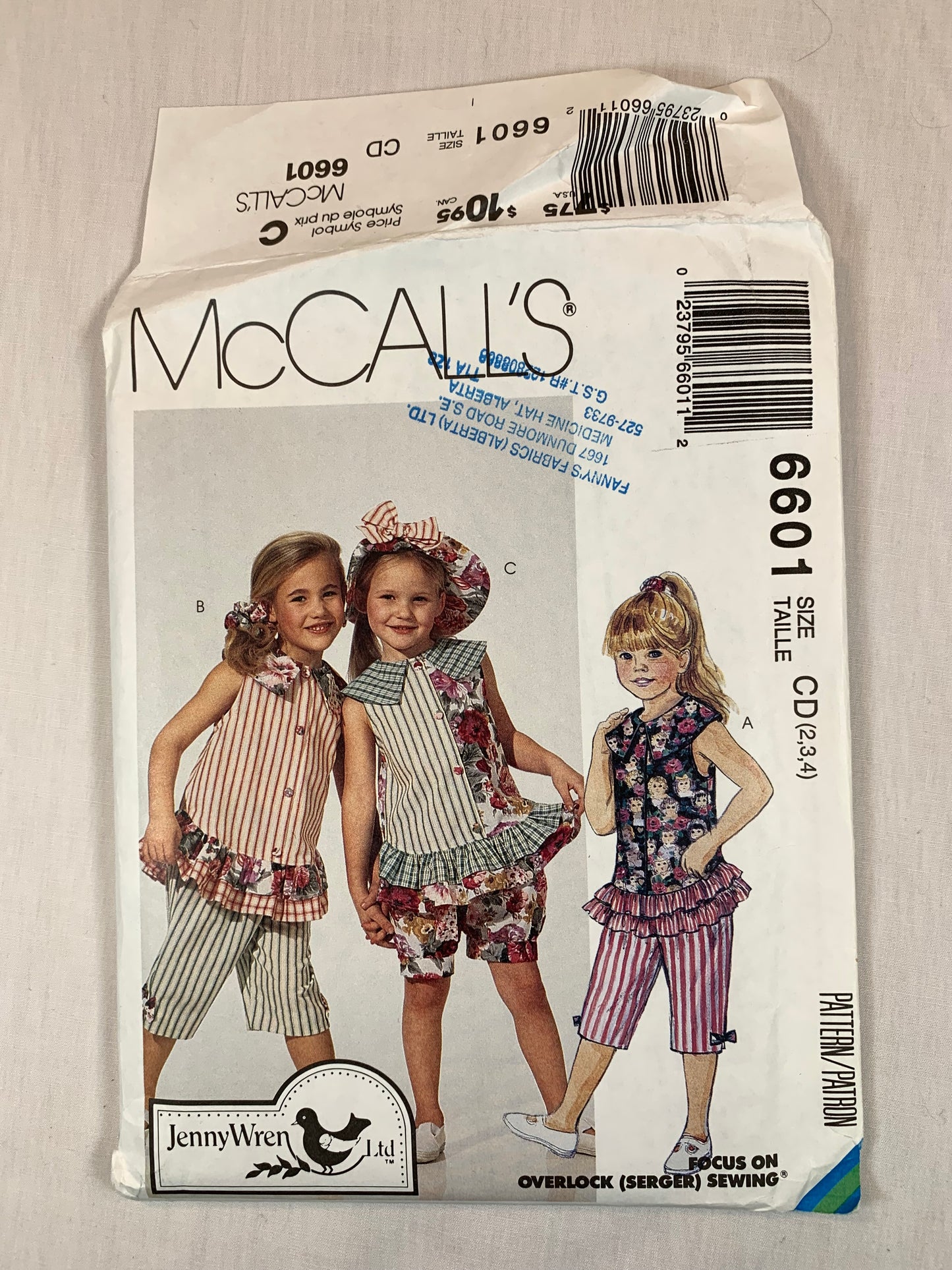 McCall's 6601 Girls' Top, Capri Pants, Bloomers, Hat, Hair Band, Size 2-4, Uncut, Vintage 1993