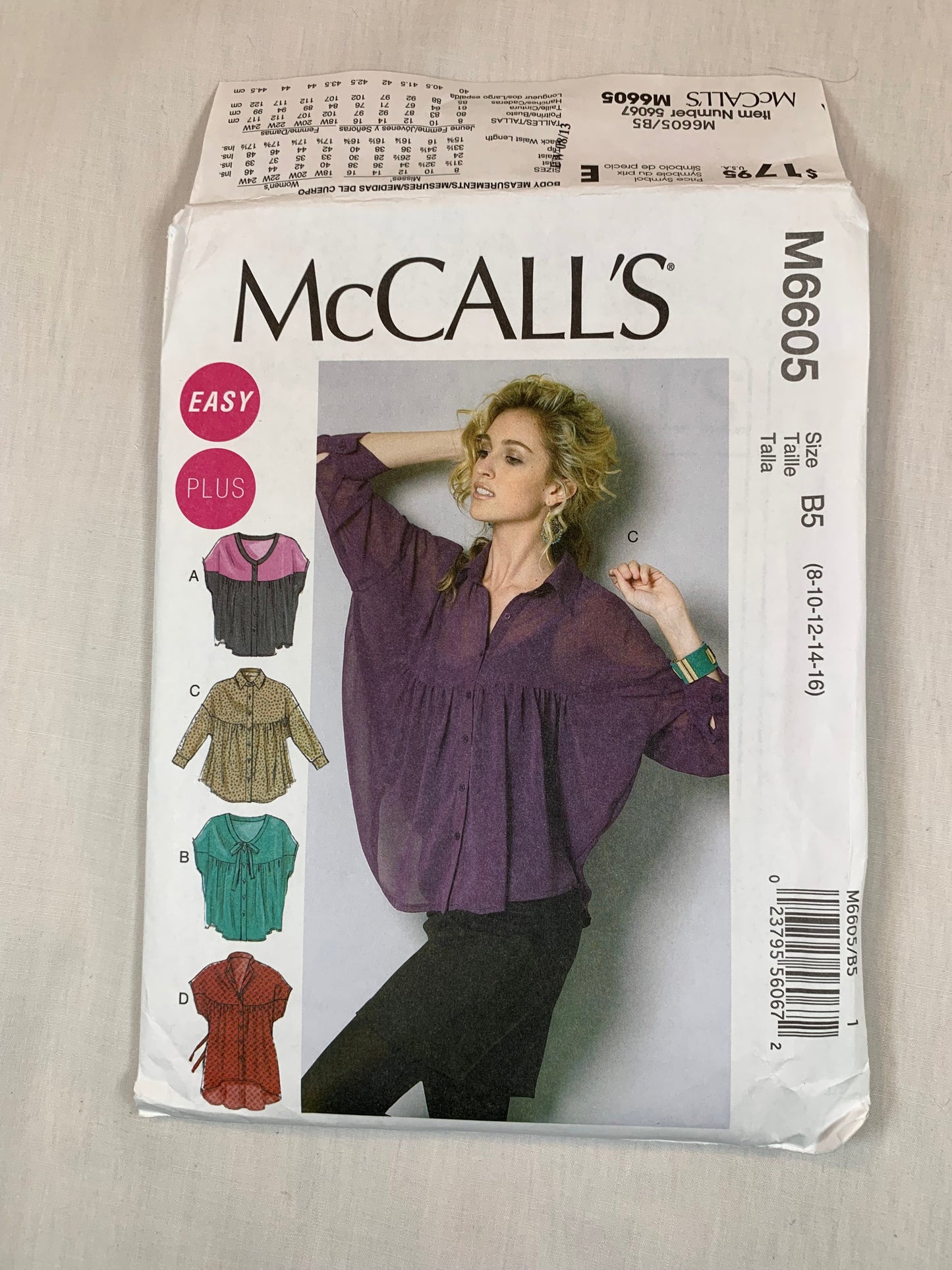 McCall's M6605 Misses'/Women's Tops, Tunics, Size 8-16, Uncut, 2012