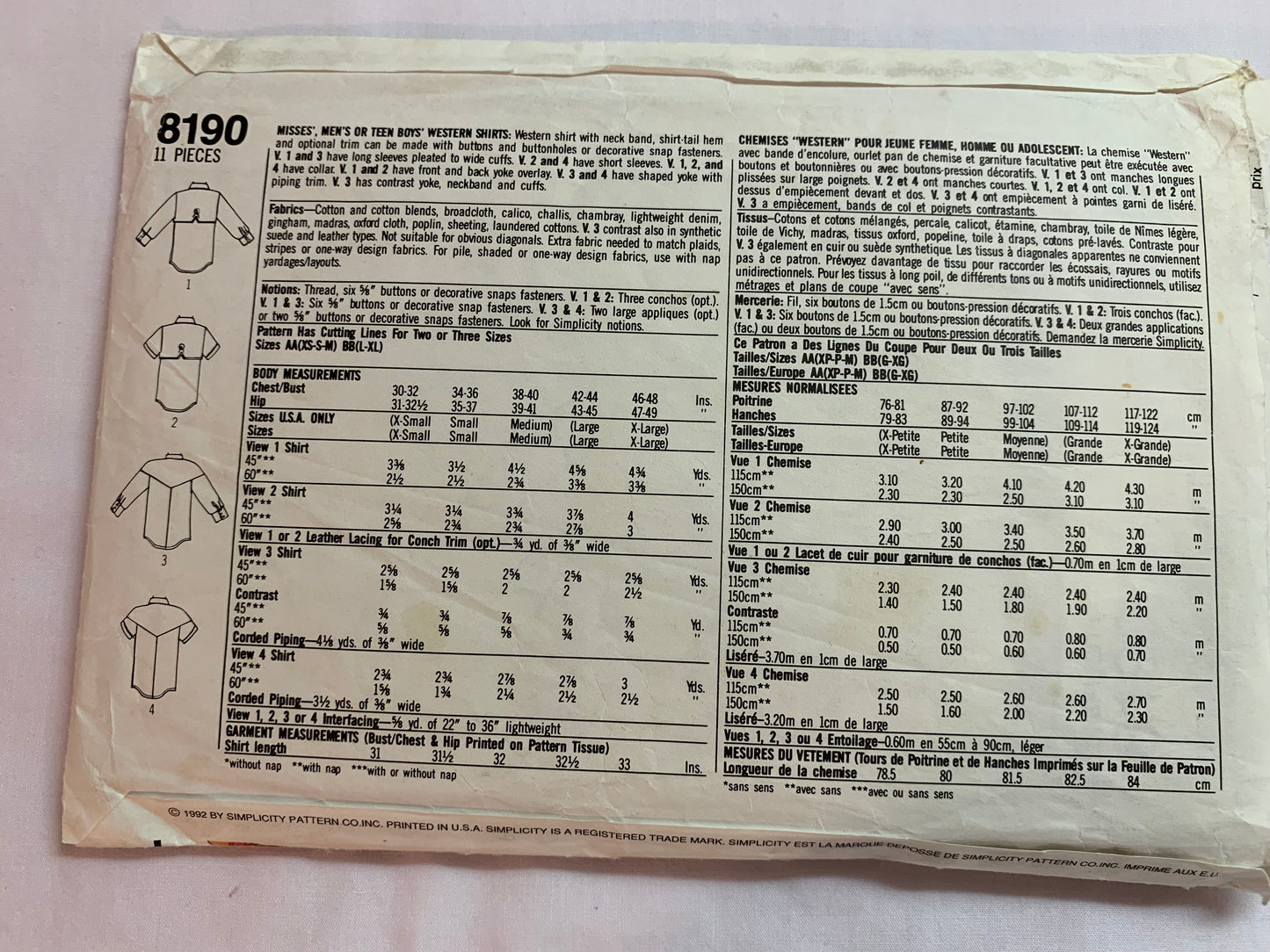 Simplicity Sewing Pattern 8190 Misses'/Men's/Teens' Western Shirt, Long/Short Sleeves, Snap/Button Front, Size 30-40, Cut, Vintage 1992