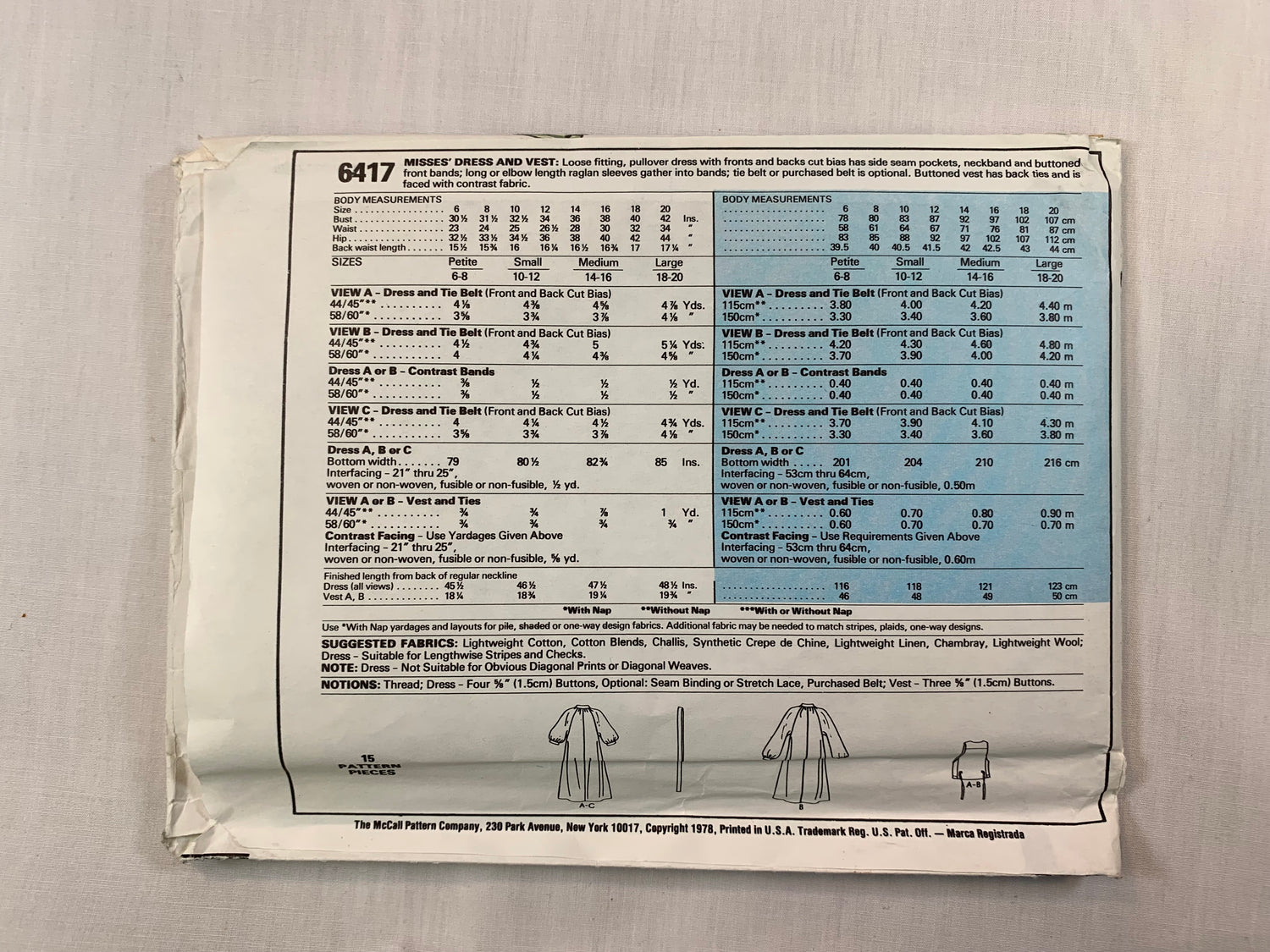 McCall's 6417 Misses' Dress, Vest, Size 14-16, Uncut, Vintage 1978