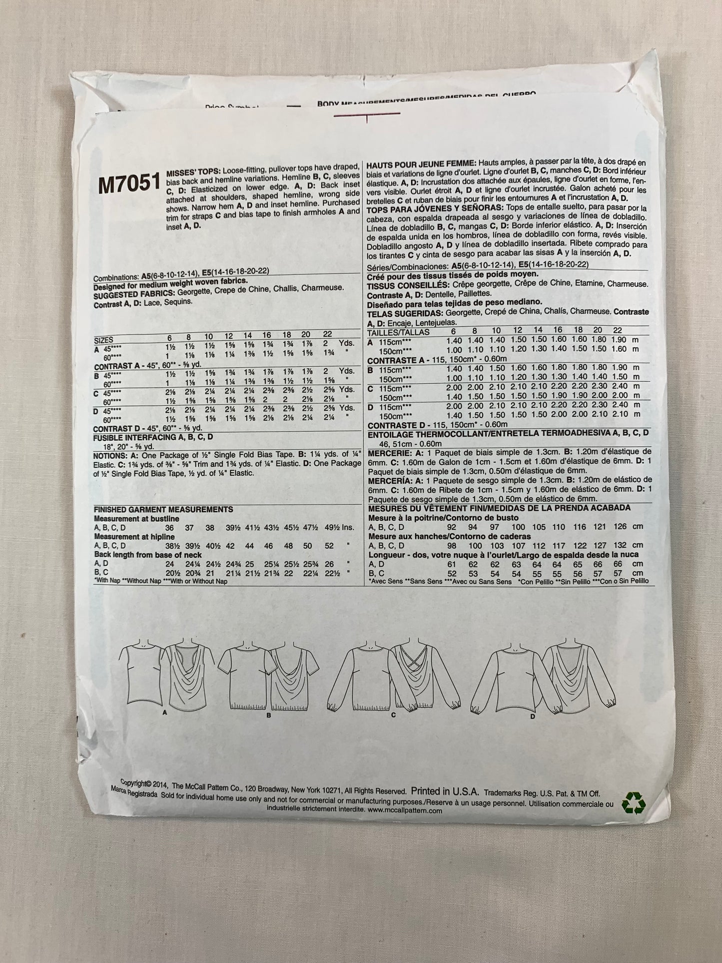 McCall's M7051 Misses' Tops, Size 6-14, Uncut, 2014