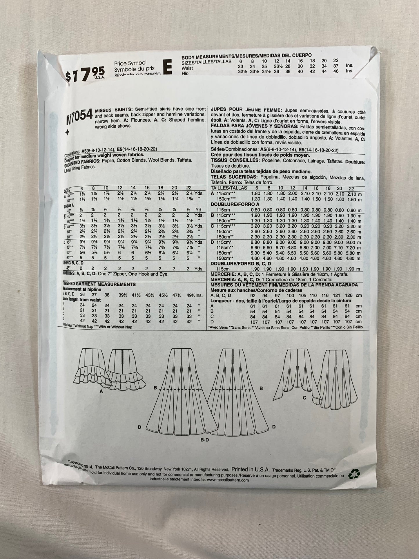McCall's M7054 Misses' Skirts, Size 6-14, Uncut, 2014