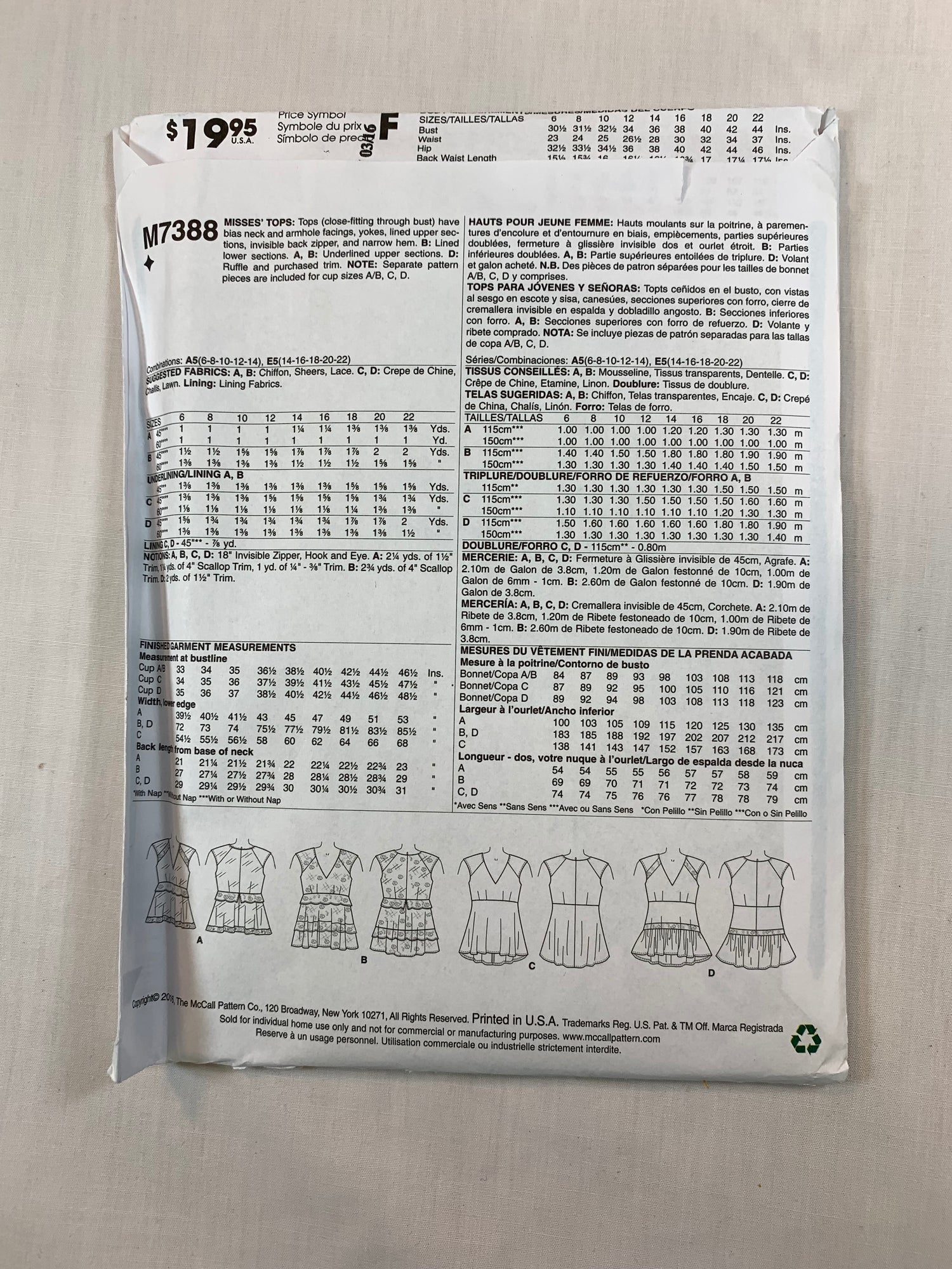 McCall's M7388 Misses' Tops, Size 6-14, Uncut, 2016