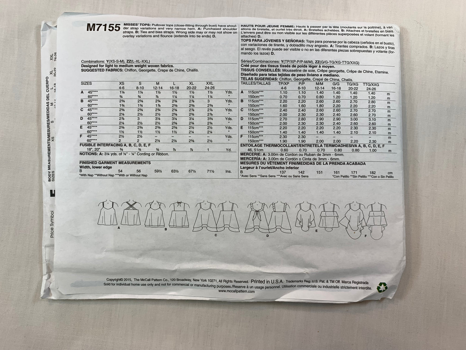 McCall's M7155 Misses' Tops, Size 4-14, Uncut, 2015