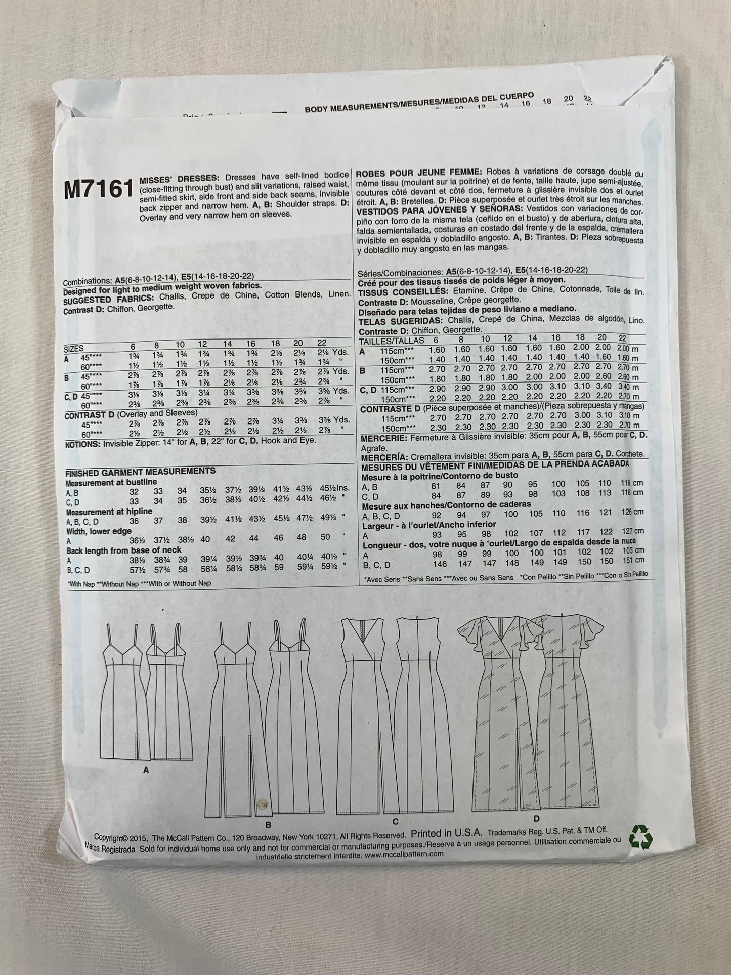 McCall's M7161 Misses' Dresses, Size 6-14, Uncut, 2015