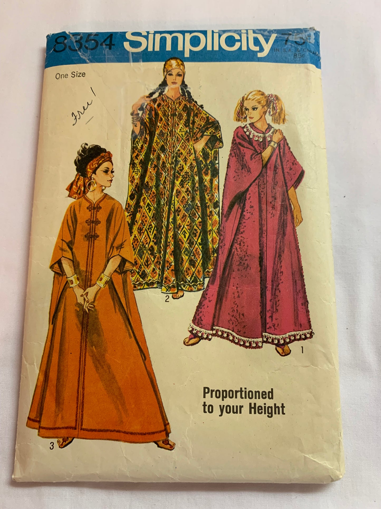 Simplicity Sewing Pattern 8354 Misses' Caftan, 3 Lengths, One Size, Zipper Front, Cut, Vintage 1969