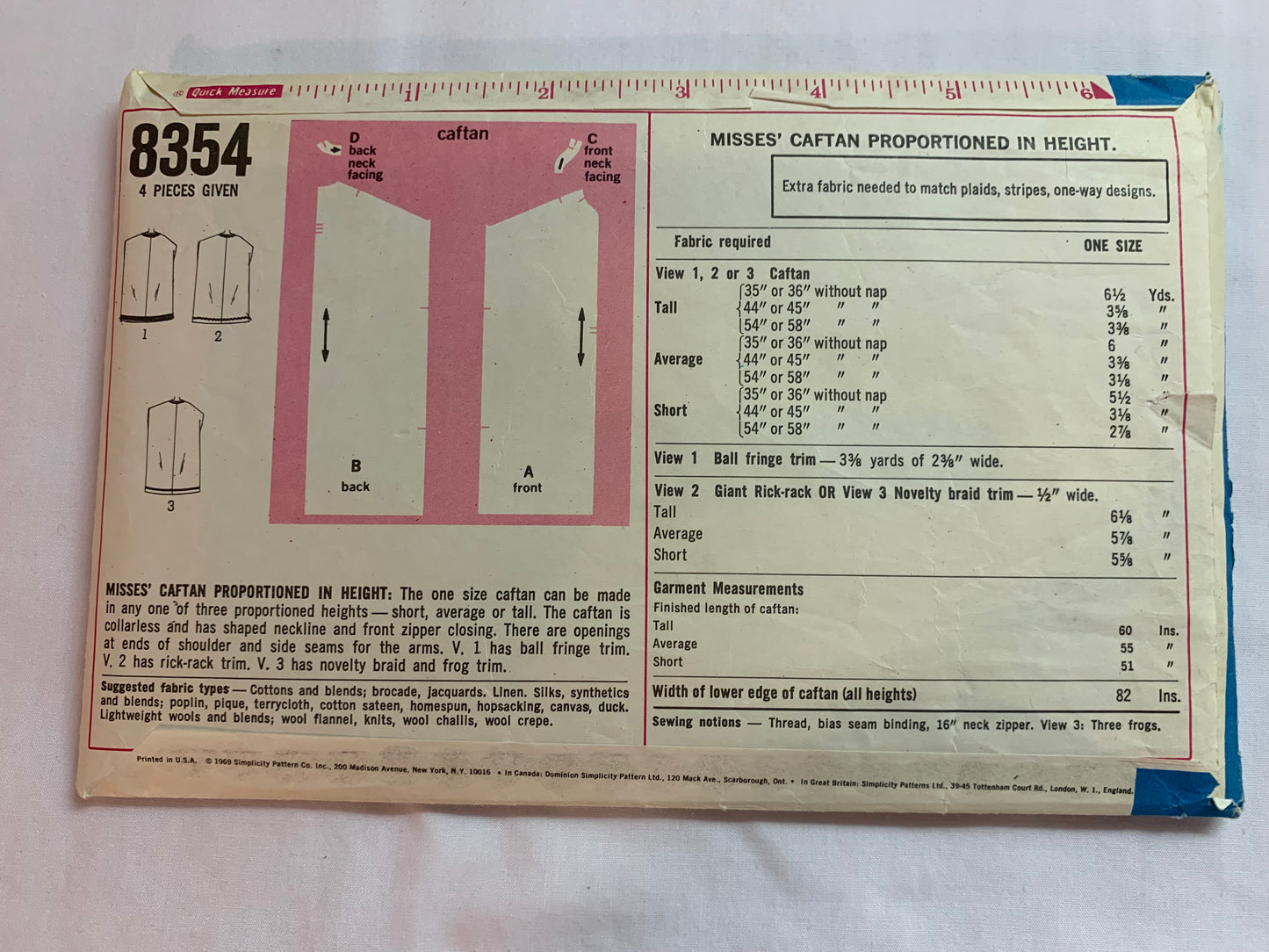 Simplicity Sewing Pattern 8354 Misses' Caftan, 3 Lengths, One Size, Zipper Front, Cut, Vintage 1969
