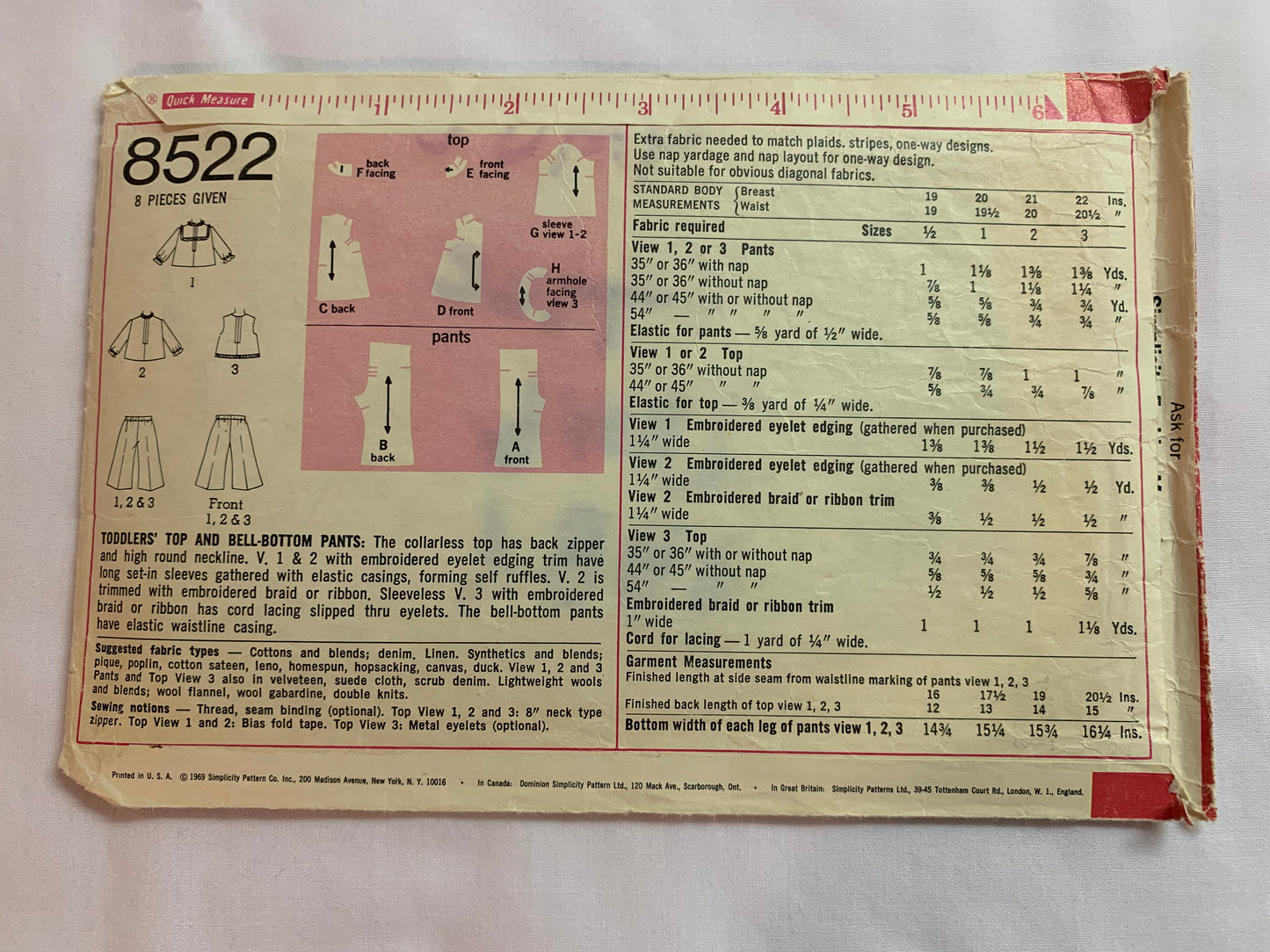 Simplicity Sewing Pattern 8522 Toddlers' Top, Bell-Bottom Pants, Round Neckline, Elastic Waist, Zipper Back, Ruffles, Size 1/2, UnCut, Vintage 1969