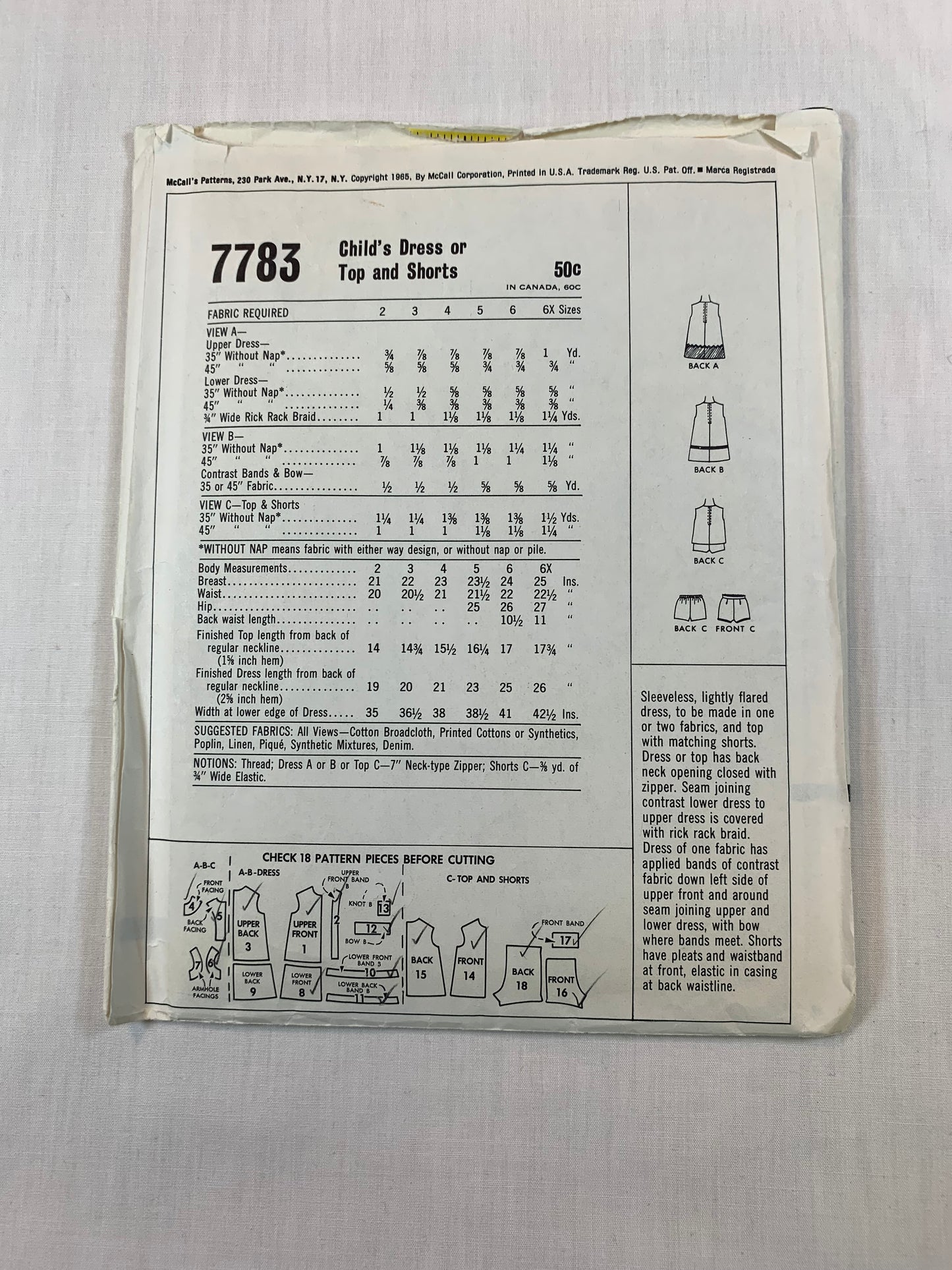 McCall's 7783 Girls' Dress, Tops, Shorts,, Size 5, Cut, Vintage 1965