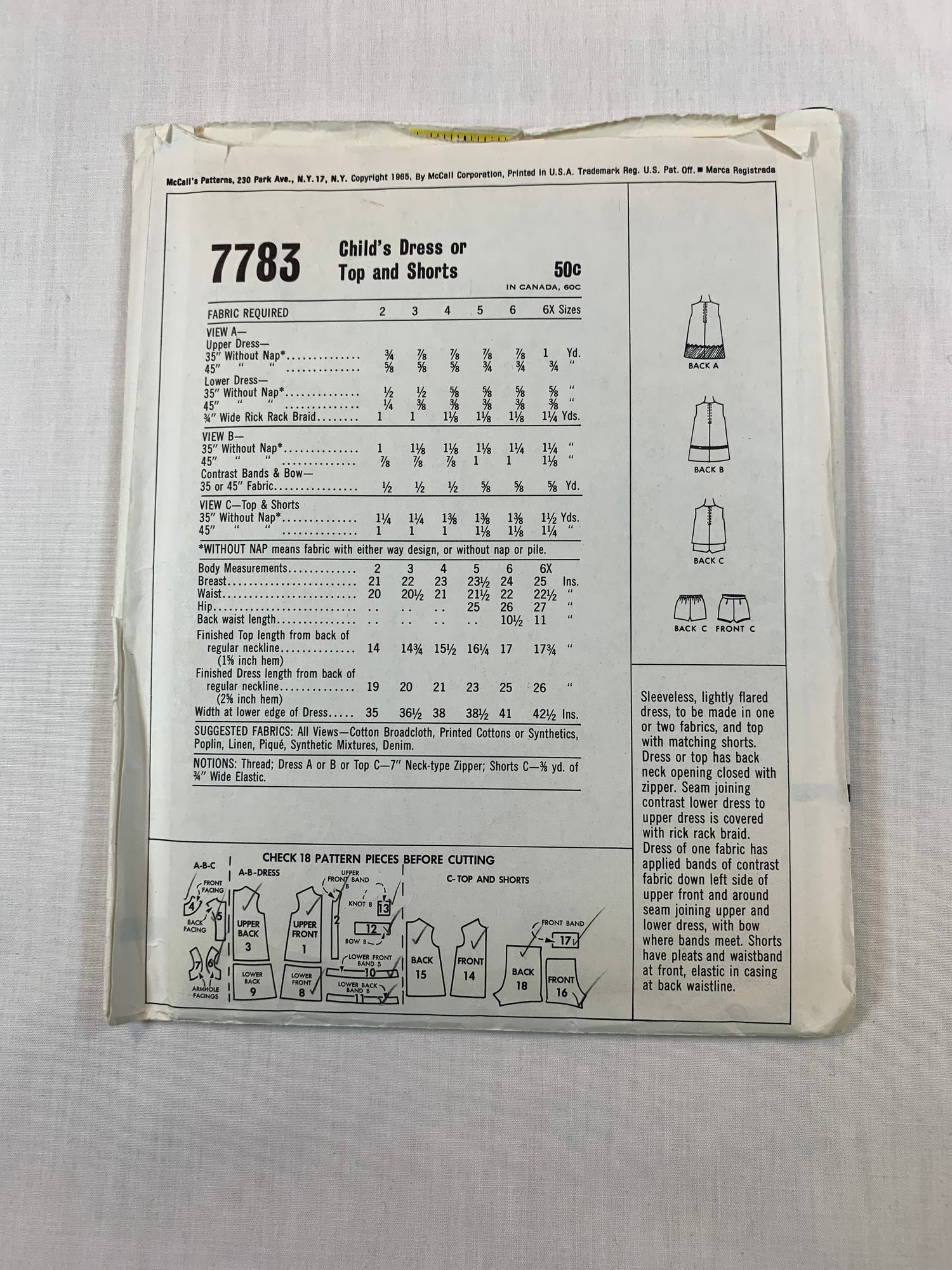 McCall's 7783 Girls' Dress, Tops, Shorts,, Size 5, Cut, Vintage 1965
