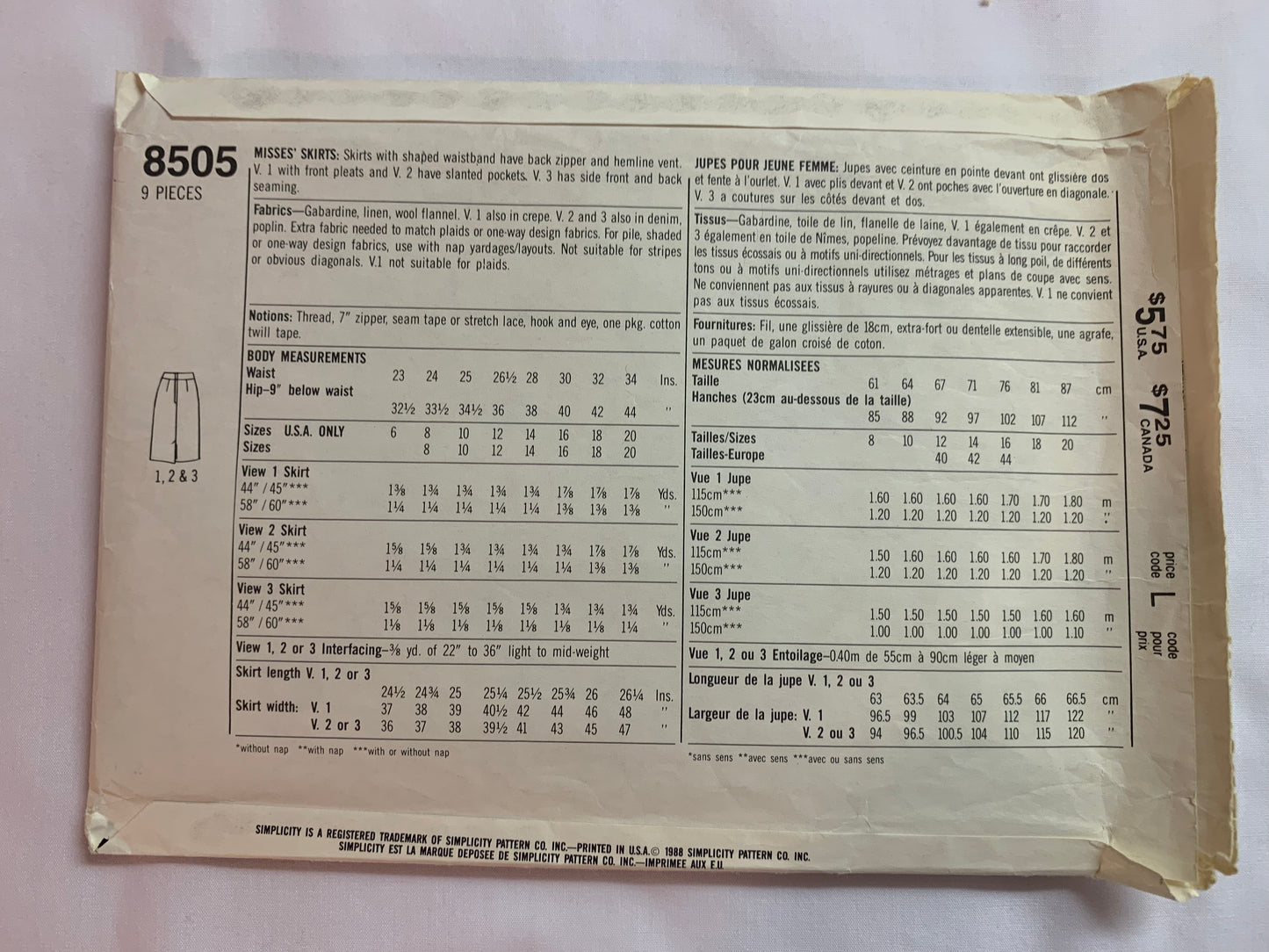 Simplicity Sewing Pattern 8505 Misses' Skirts, Zipper Back, Pleats, Pockets, Back Slit, Size 16, Cut, Vintage 1988