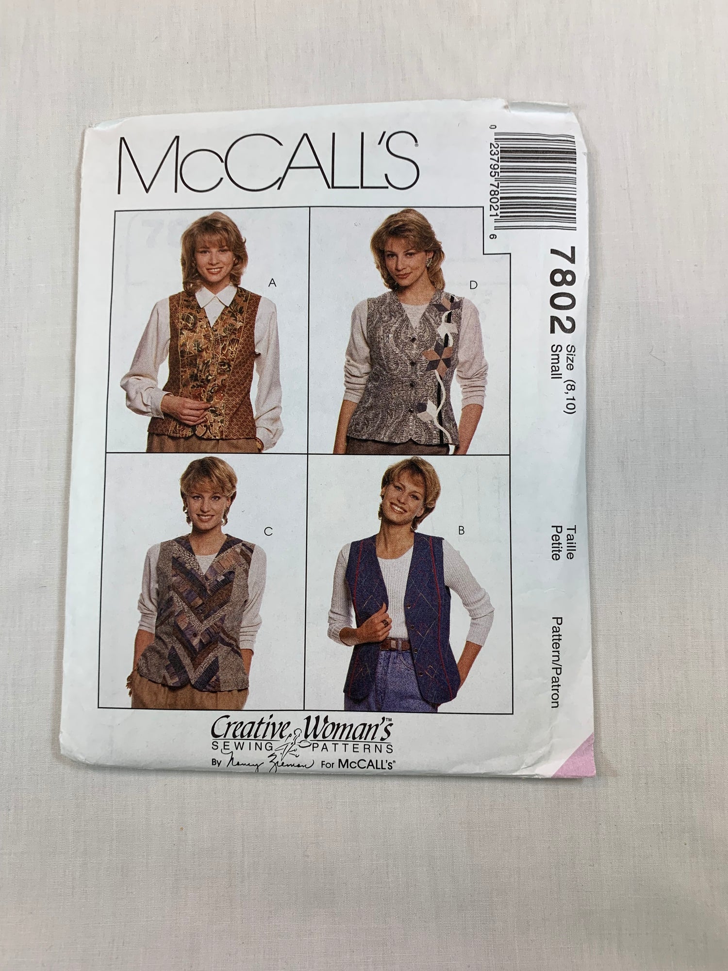 McCall's Sewing Pattern 7802 Misses' Vests, Button Front, Sleeveless, Darts, Fitted, Lined, Size 8-108, Uncut, Vintage 1995