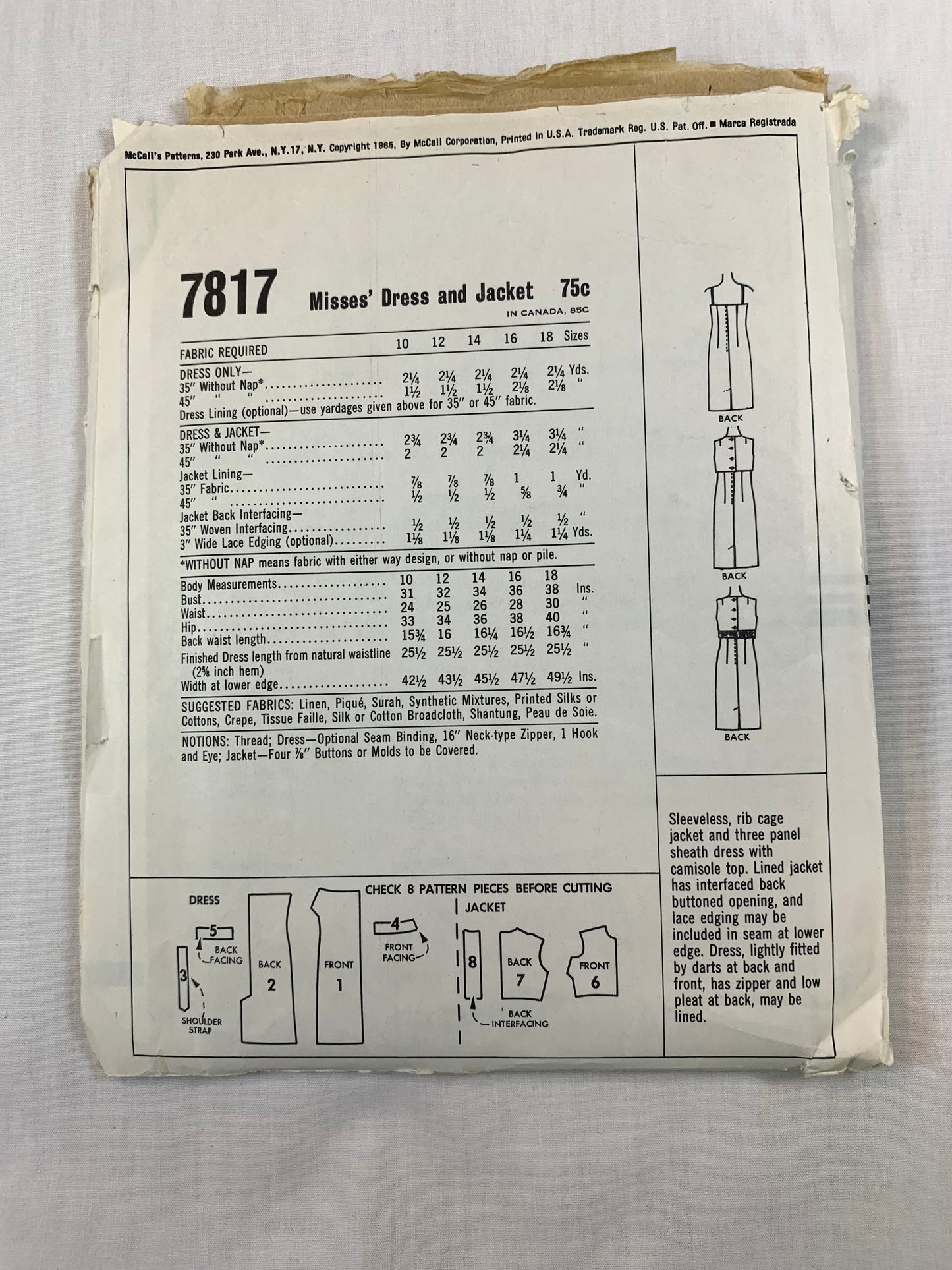 McCall's 7817 Misses' Dresses. Size 10-12, Cut, Vintage 1965