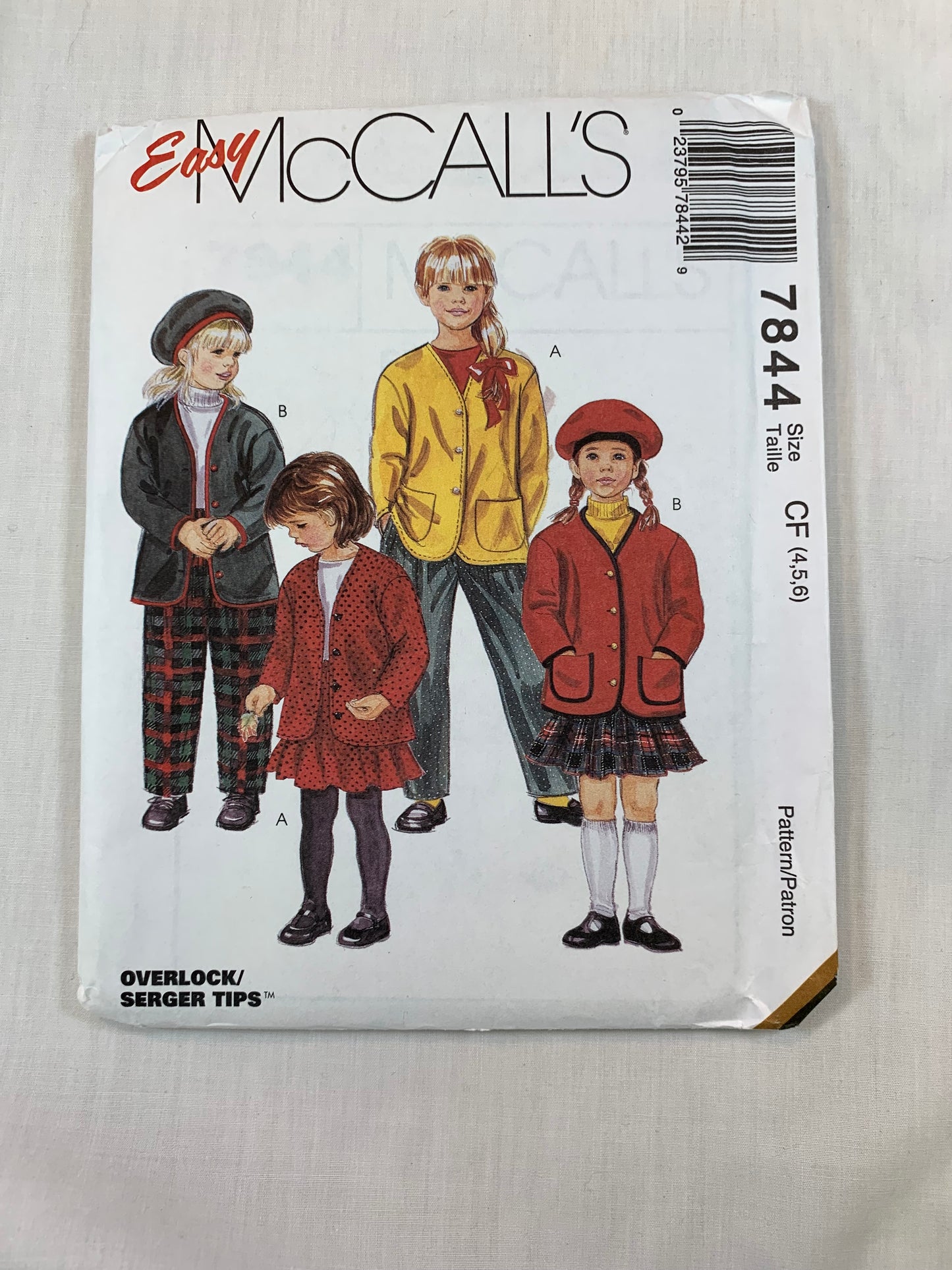 McCall's Sewing Pattern 7844 Girls' Cardigan, Skirt, Pants, Beret, Pockets, Elastic Waist, Button Front, Full Skirt, Size 4-6, Uncut, Vintage 1995