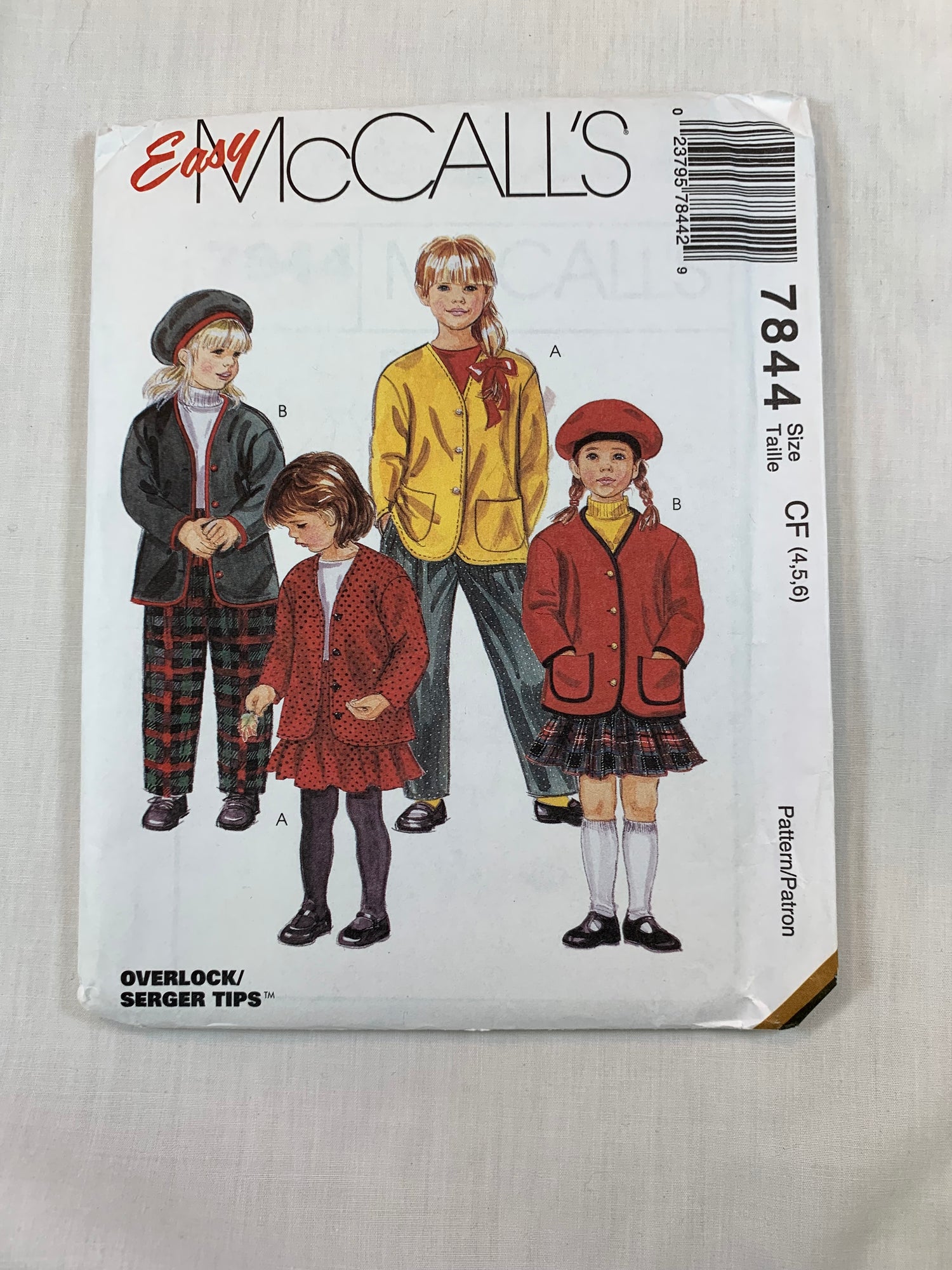 McCall's Sewing Pattern 7844 Girls' Cardigan, Skirt, Pants, Beret, Pockets, Elastic Waist, Button Front, Full Skirt, Size 4-6, Uncut, Vintage 1995