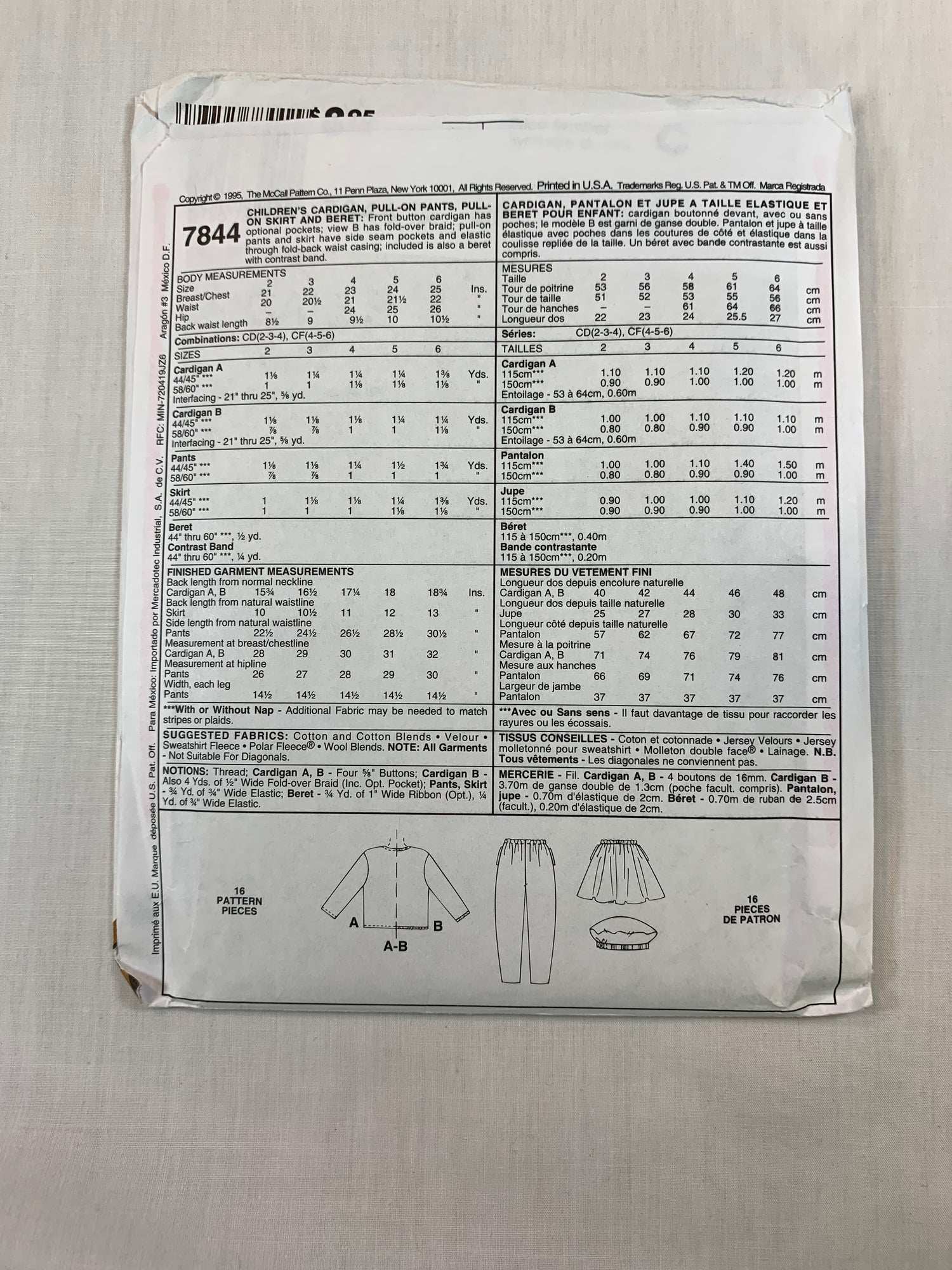 McCall's Sewing Pattern 7844 Girls' Cardigan, Skirt, Pants, Beret, Pockets, Elastic Waist, Button Front, Full Skirt, Size 4-6, Uncut, Vintage 1995